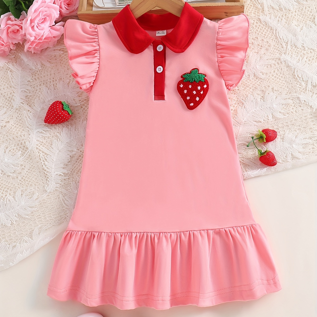 Toddler Girls Flutter Sleeve Strawberry Embroidery Ruffle Hem Dress For Party Kids Summer Clothes