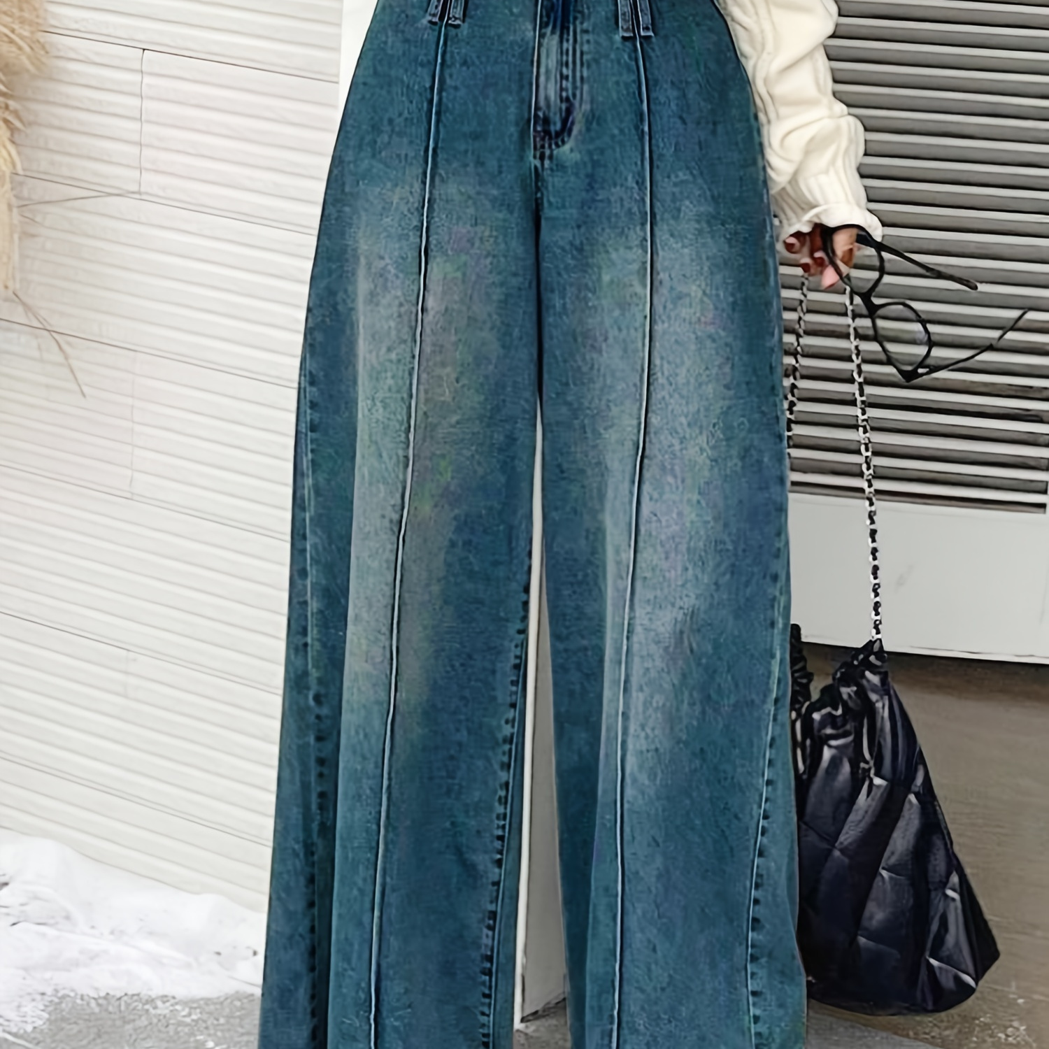 

Women's Casual Wide Leg Jeans, Long Length, Stretch Fabric , Waist, Half-zip Fly, Relaxed Fit, Suitable For Spring, Summer, Autumn, Winter