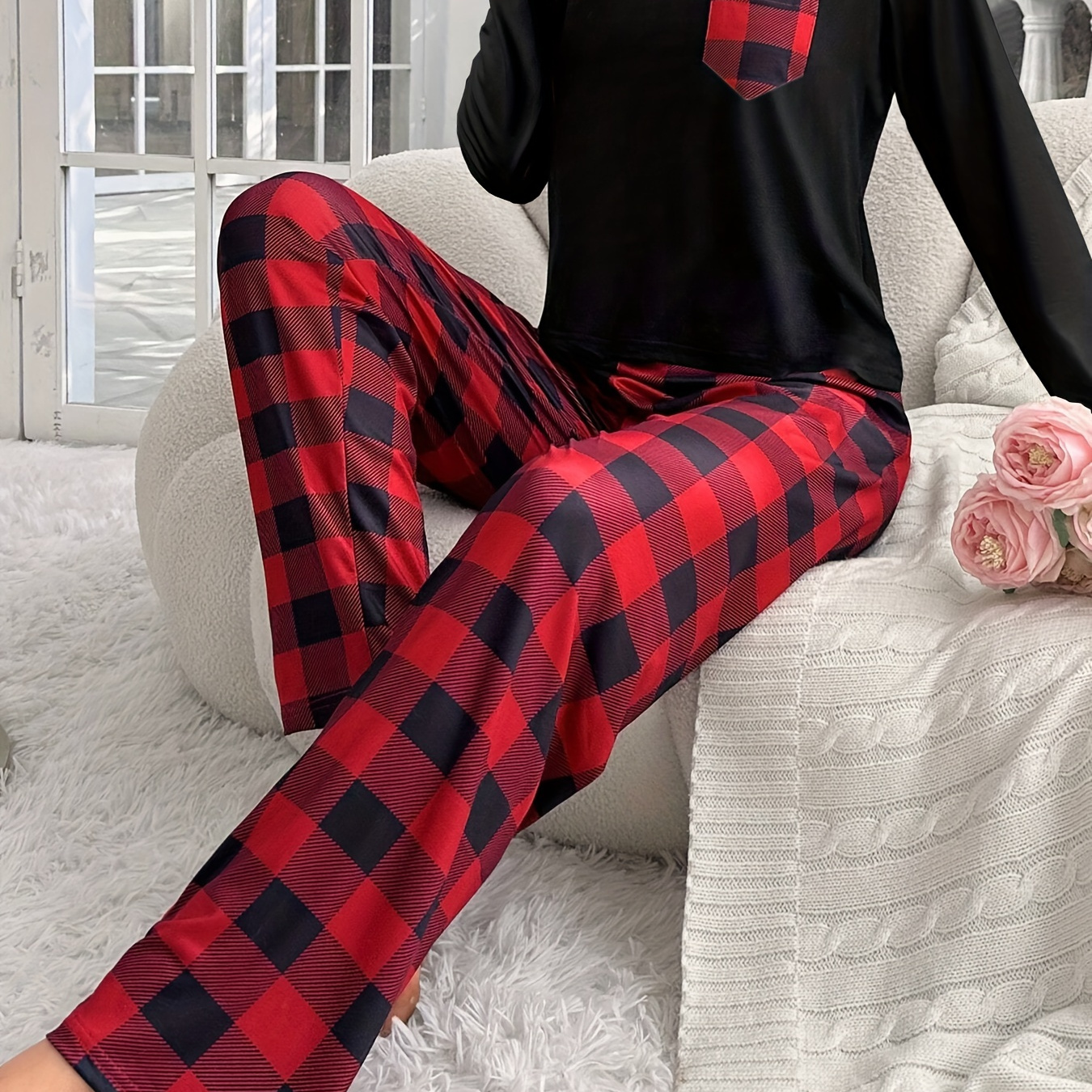 

Women's Colorblock Pajama Set, Long Sleeve Round Neck Top & Pants, Comfortable Relaxed Fit For Fall