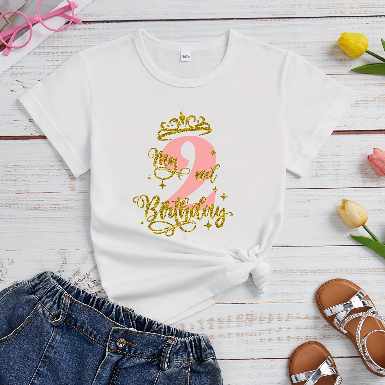 

Girls' Second Birthday Print T-shirt, Short Sleeve Crew Neck Casual Top For Summer & Spring, Girl's Clothing