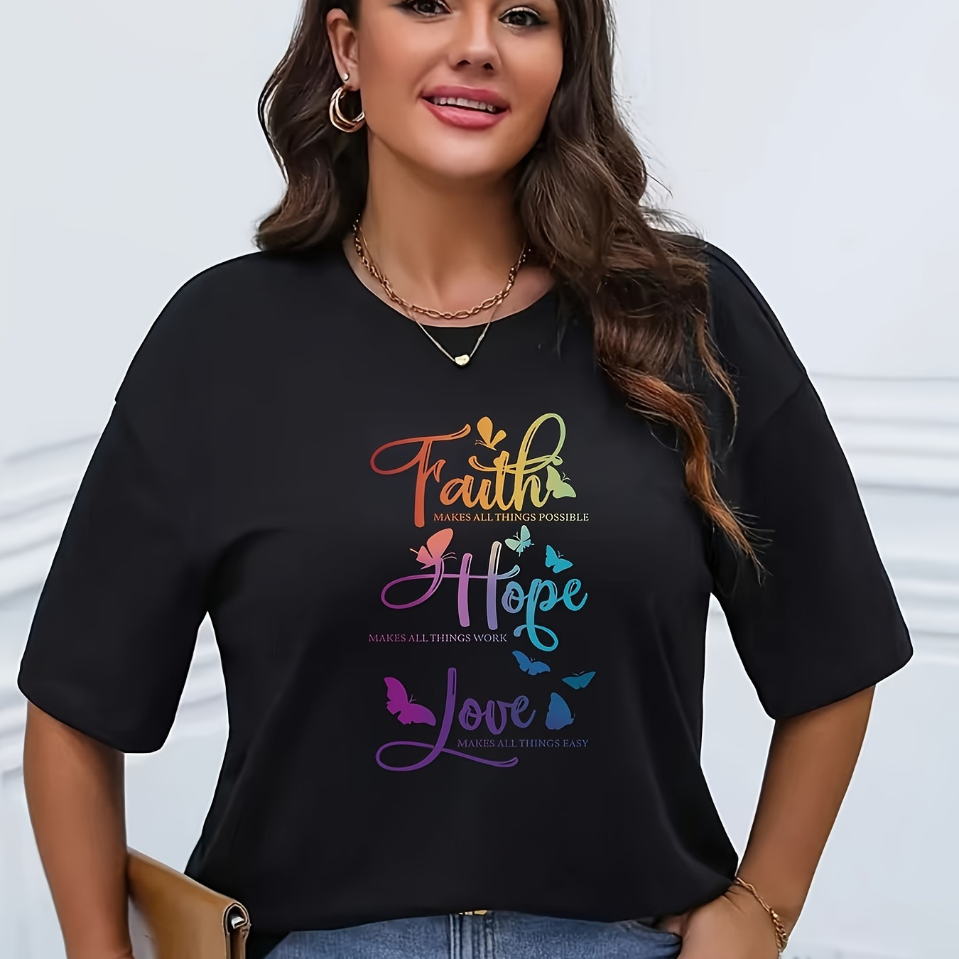 

Women's Plus Size Short Sleeve T-shirt, Casual Crew Neck Tee With Faith, Hope, Love Print, Polyester Knit Fabric, Slight Stretch, Lightweight , Fashionable & Comfortable - Black