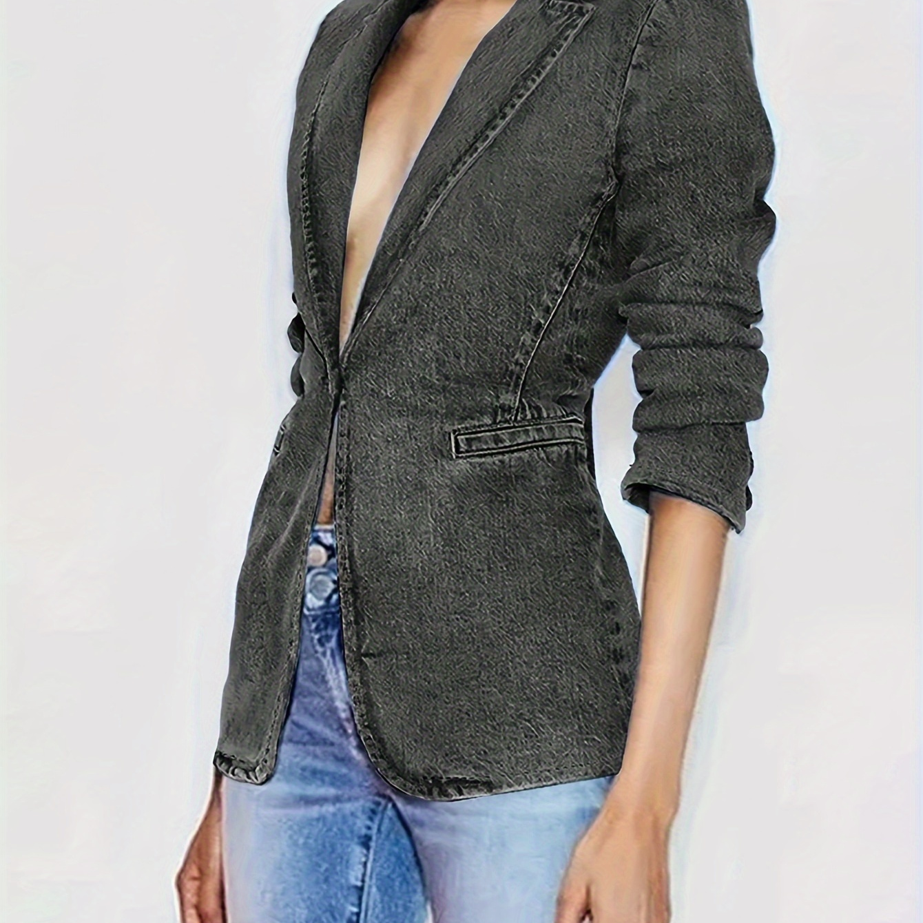 

Women's Classic Button Long Sleeved Solid Color Denim Jacket, Suit, Comfortable Denim Fabric, Autumn And Winter , Regular Fit