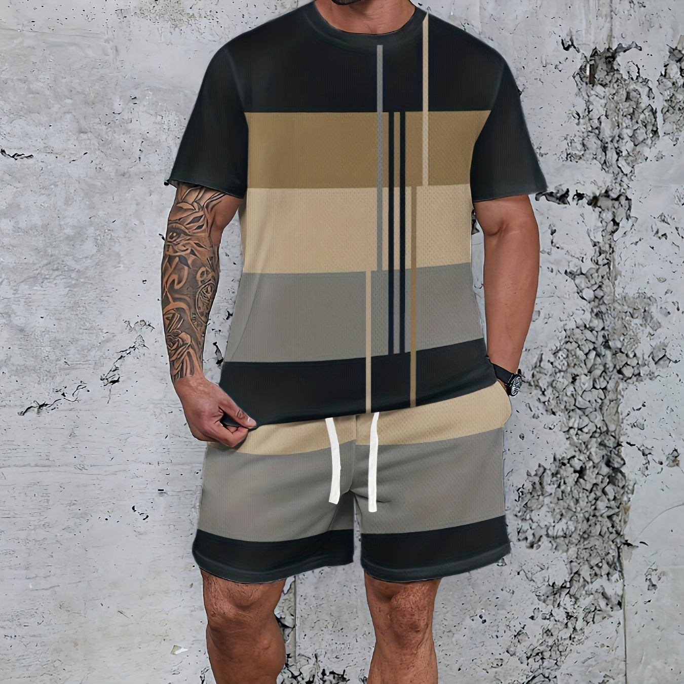 

Color Block 2pcs Trendy Outfits For Men, Casual Crew Neck Short Sleeve T-shirt And Shorts Set For Summer, Men's Clothing Vacation Workout