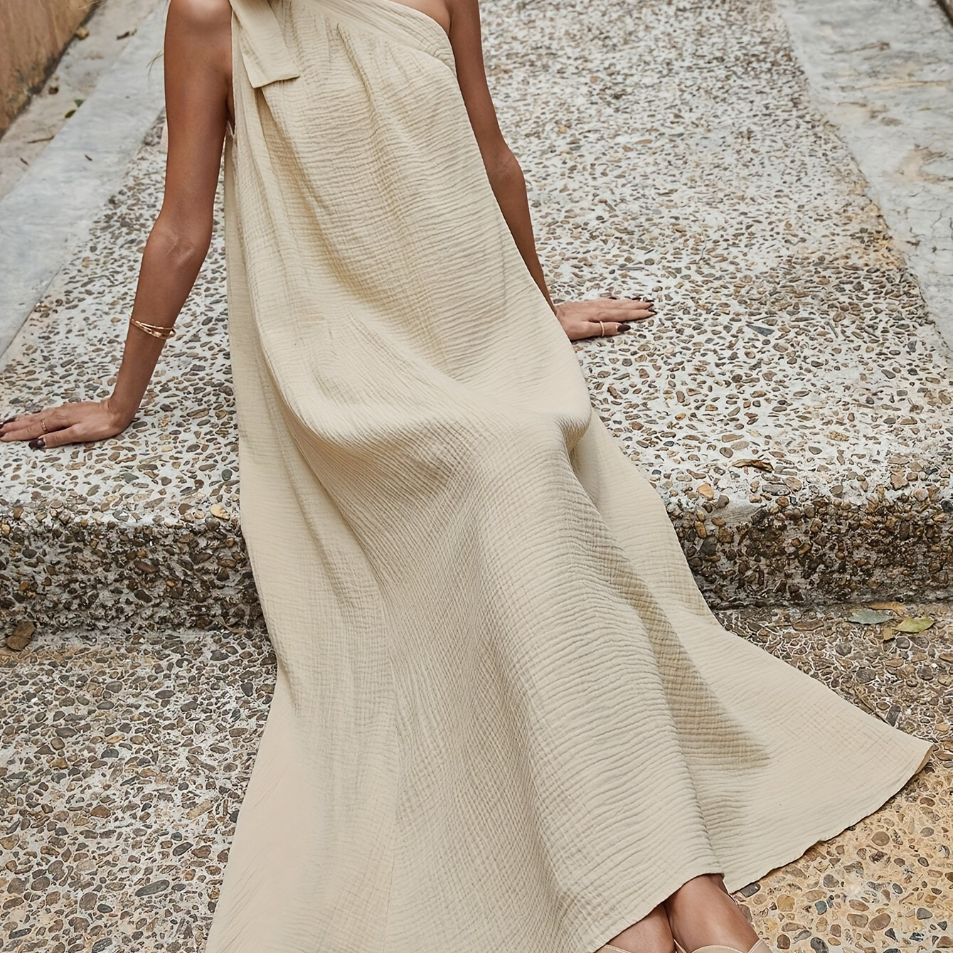 

1 Shoulder Bow Solid Dress, Casual Sleeveless Backless Loose Dress For Spring & Summer, Women's Clothing