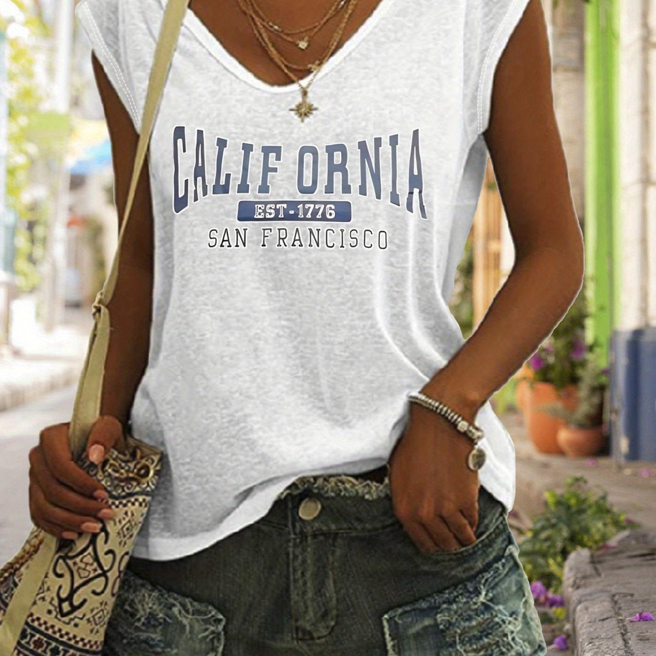 

California Letter Print Tank Top, Cap Sleeve Casual Top For Summer & Spring, Women's Clothing