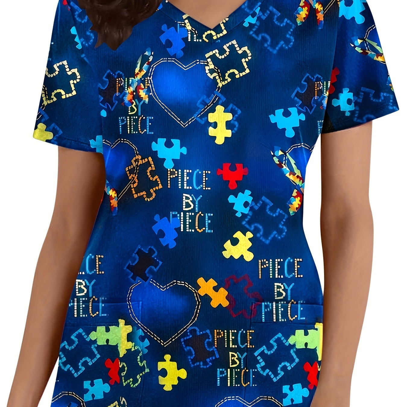 

Plus Size Heart & Puzzle Print Top, Short Sleeve Stretchy V Neck Top, Comfortable & Care Uniform For Nurse, Women's Plus Size Clothing