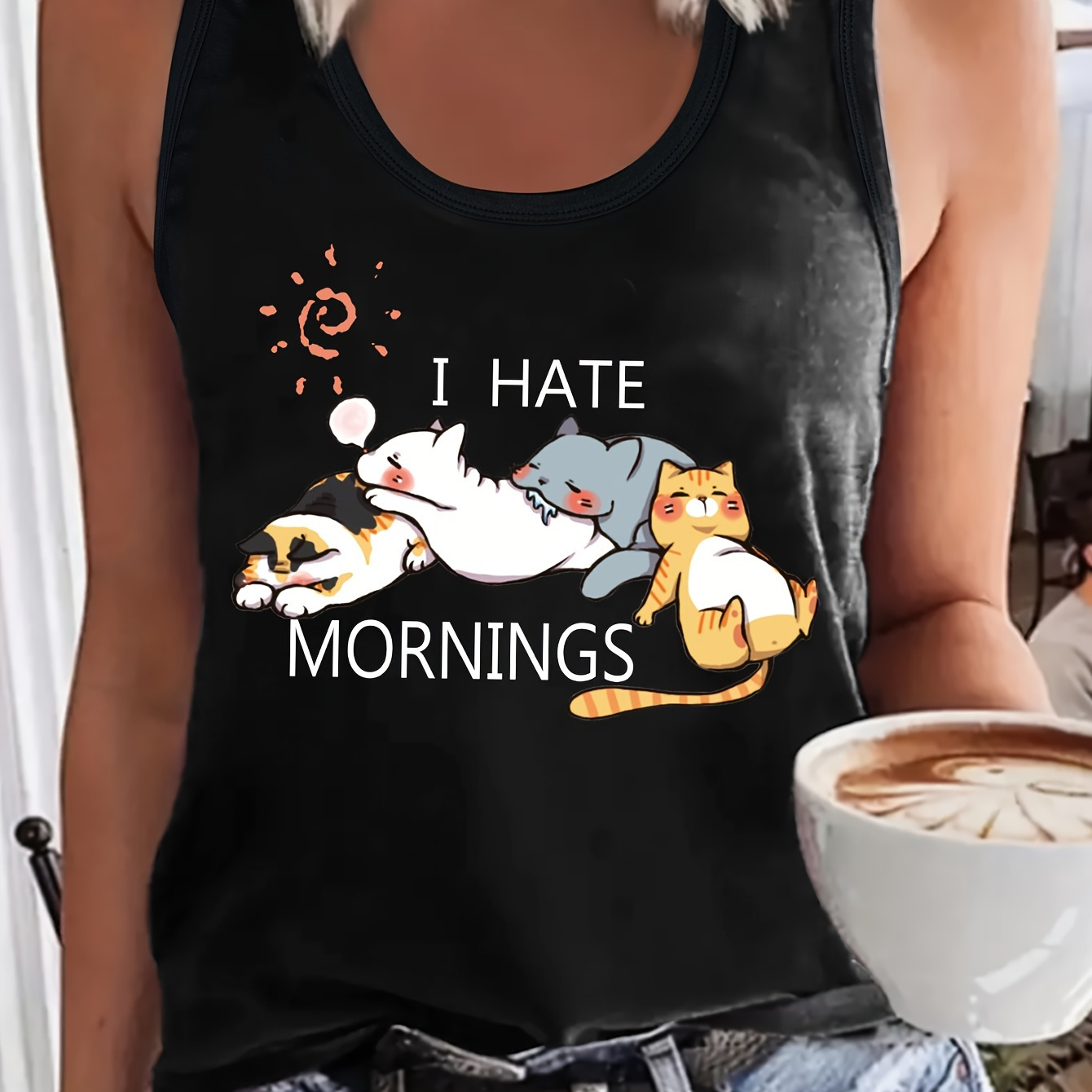 

Cute Cat Print Tank Top, Sleeveless Casual Top For Summer & Spring, Women's Clothing