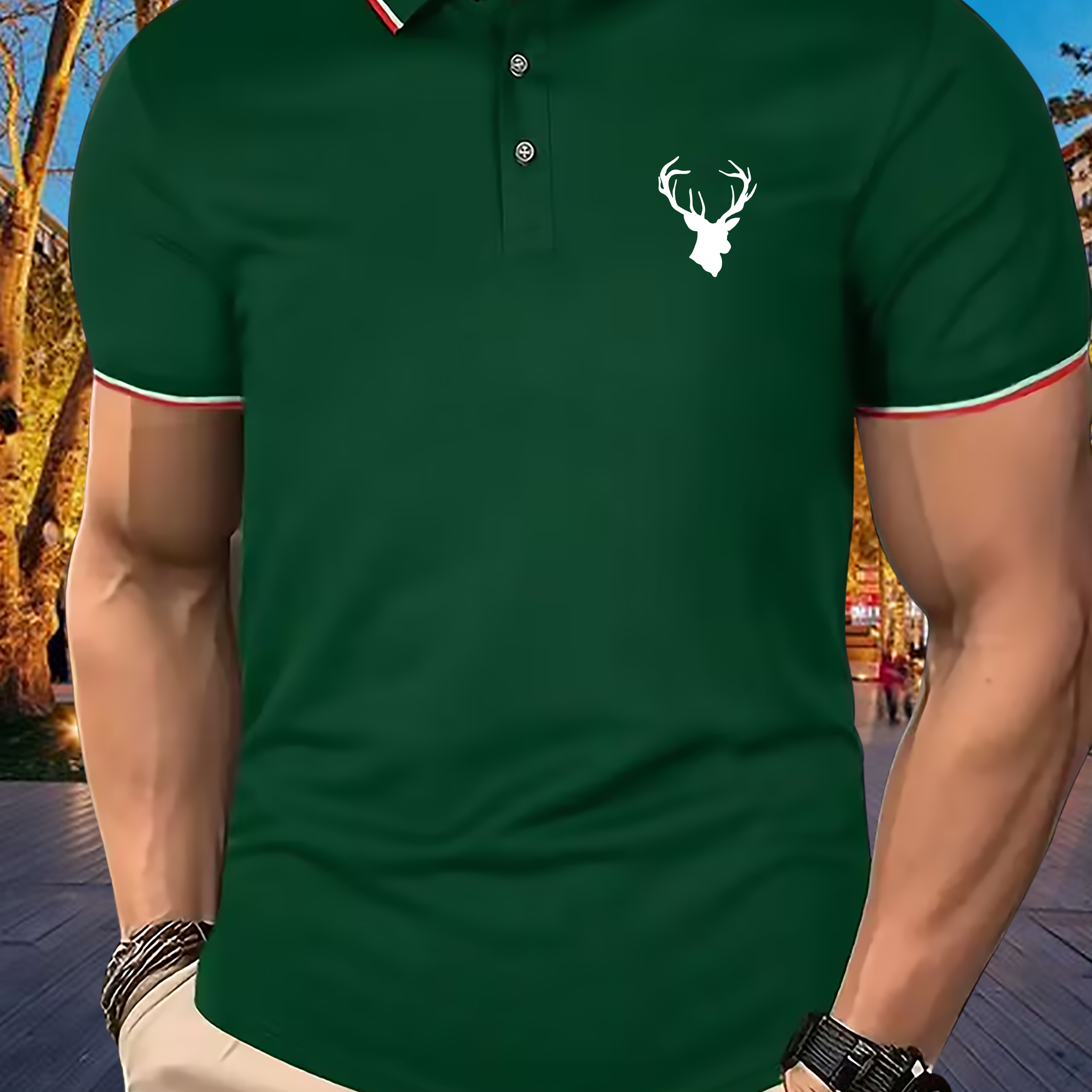 

Men's Short Sleeve Polo Shirt With Deer Print - Casual Knit Fabric Polyester Lapel Collar - Slight Stretch - Summer Button Detail - Regular Fit Animal Pattern Polo Shirt