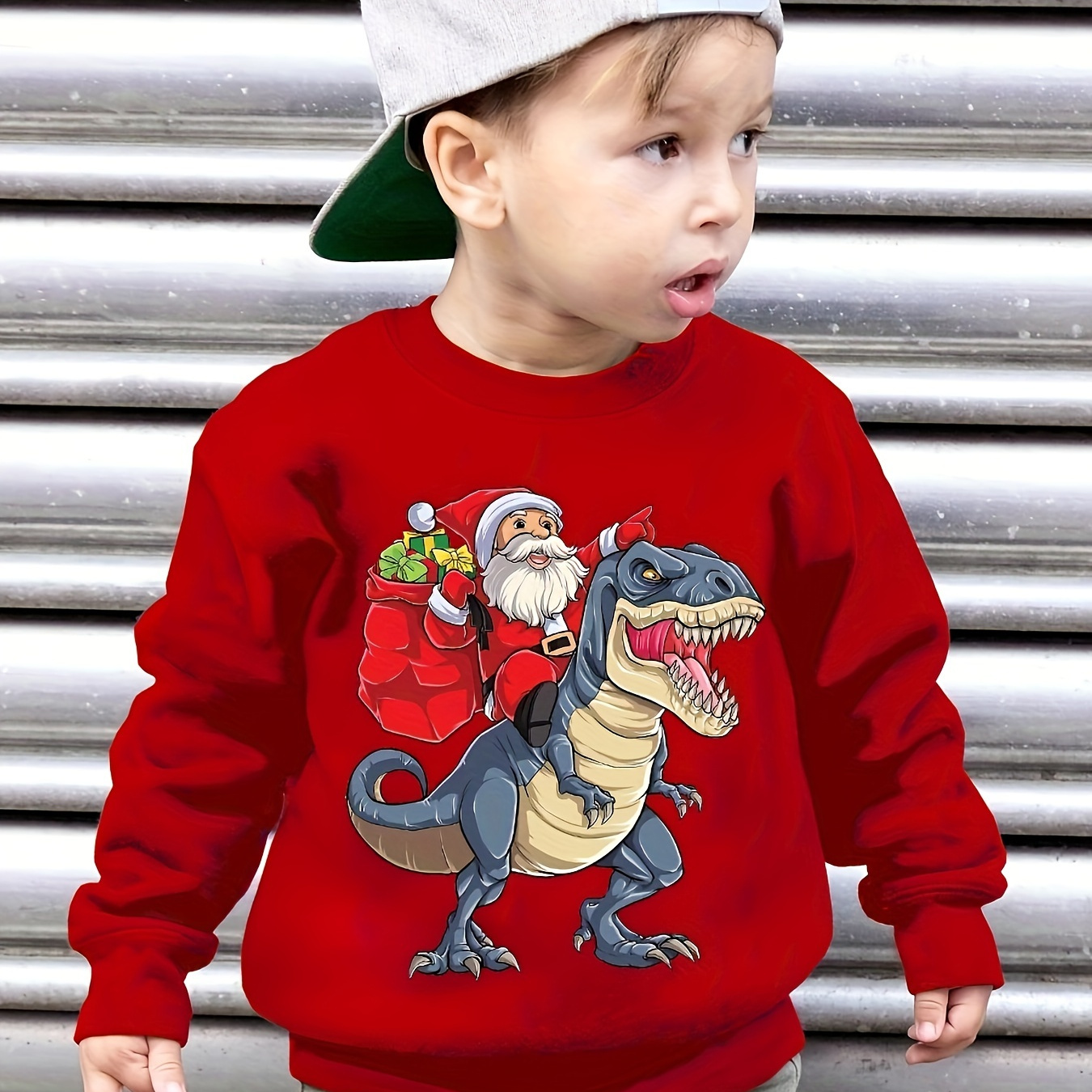 

Merry Christmas Santa And Dinosaur Graphic Print Boys Fleece Sweatshirt: Thick And Cozy Top For Spring Fall Winter Season