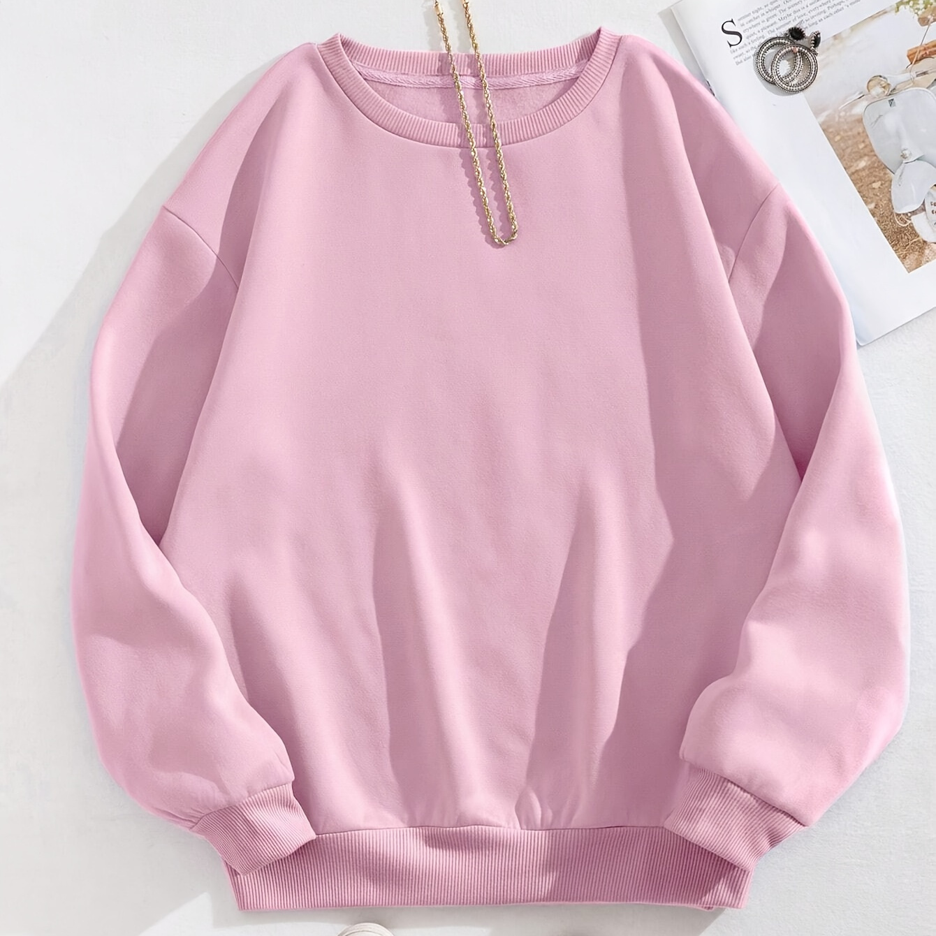 

Women's Casual Fleece-lined Sweatshirt, Solid Color Loose Fit Pullover, Round Neck, Long Sleeve Tops, Warm Fall & Winter Sportswear