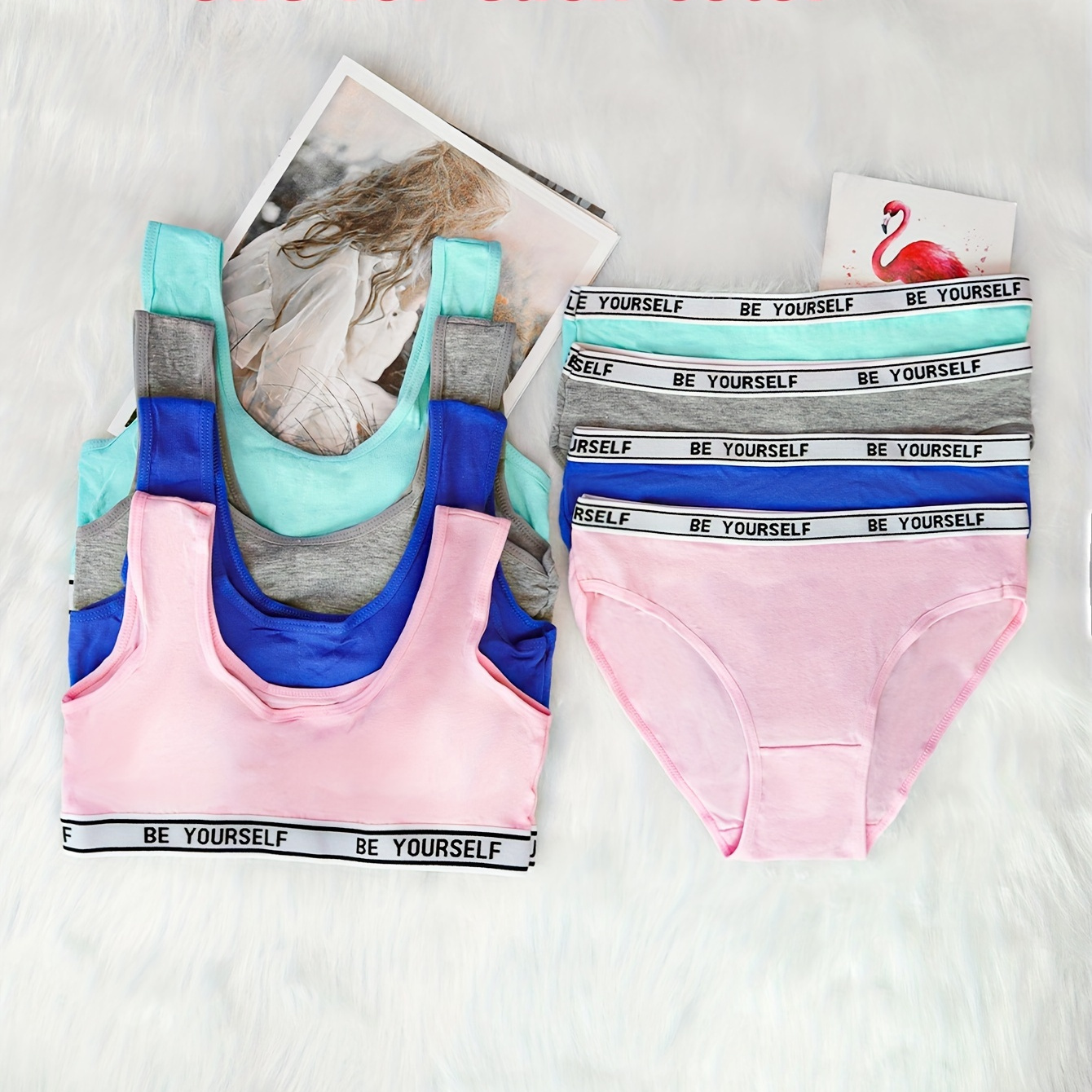 

8pcs Girls Cotton Breathable And Comfortable Bralette + Briefs Set, Solid Color Simple Style Girls Underwear Set, Suitable For 12-16 Y