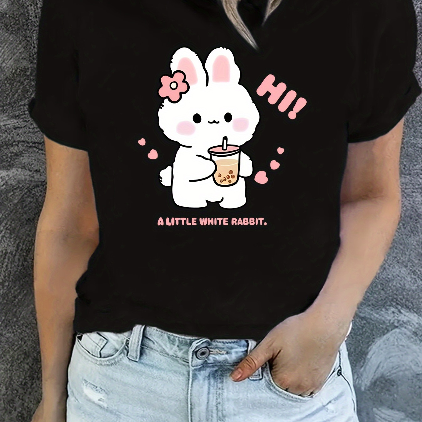

Cartoon Rabbit Print T-shirt, Short Sleeve Crew Neck Casual Top For Summer & Spring, Women's Clothing