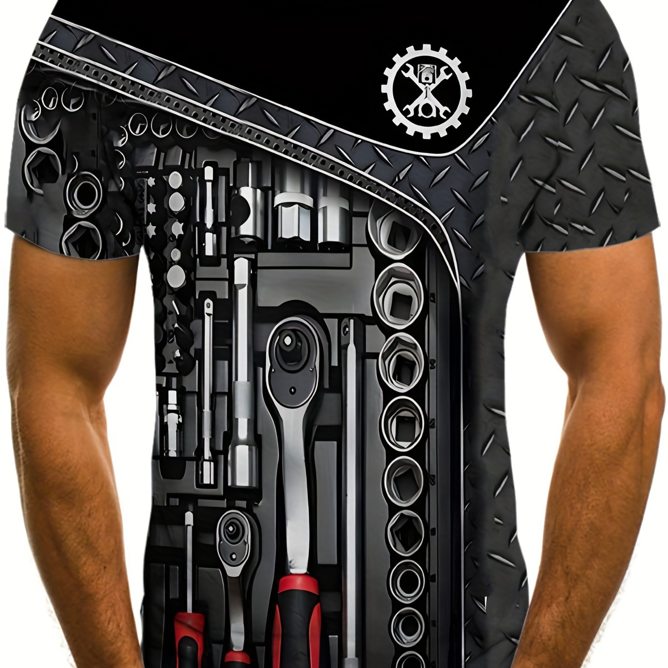 

Mechanic Tool Box Print T-shirt, Men's Casual Street Style Stretch Round Neck Tee Shirt For Summer