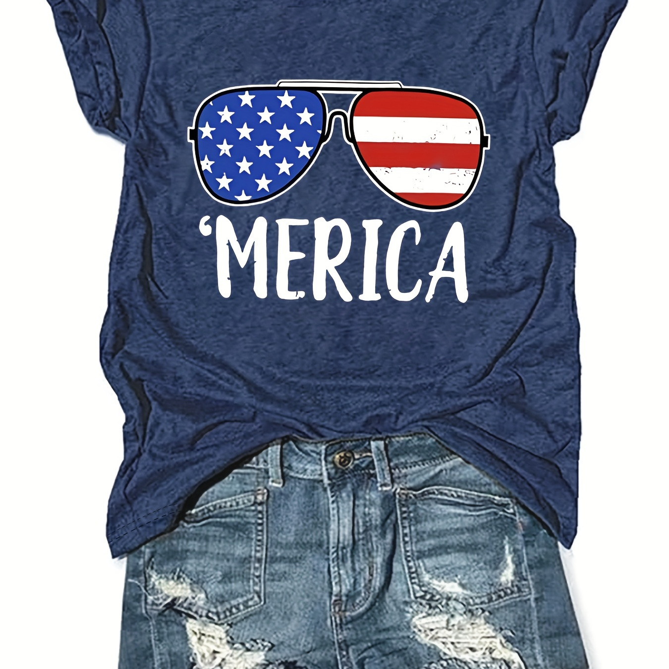 

America Sunglasses Print T-shirt, Short Sleeve Crew Neck Casual Top For Summer & Spring, Women's Clothing