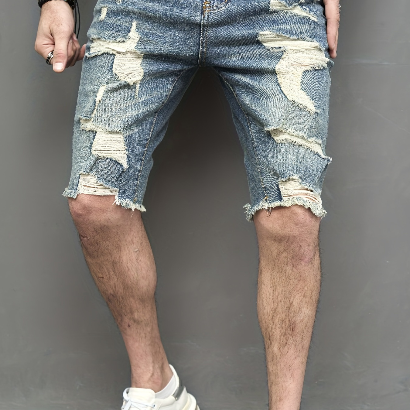 

Ripped Design Denim Shorts, Men's Casual Street Style High Stretch Denim Shorts For Summer, Bermuda Shorts