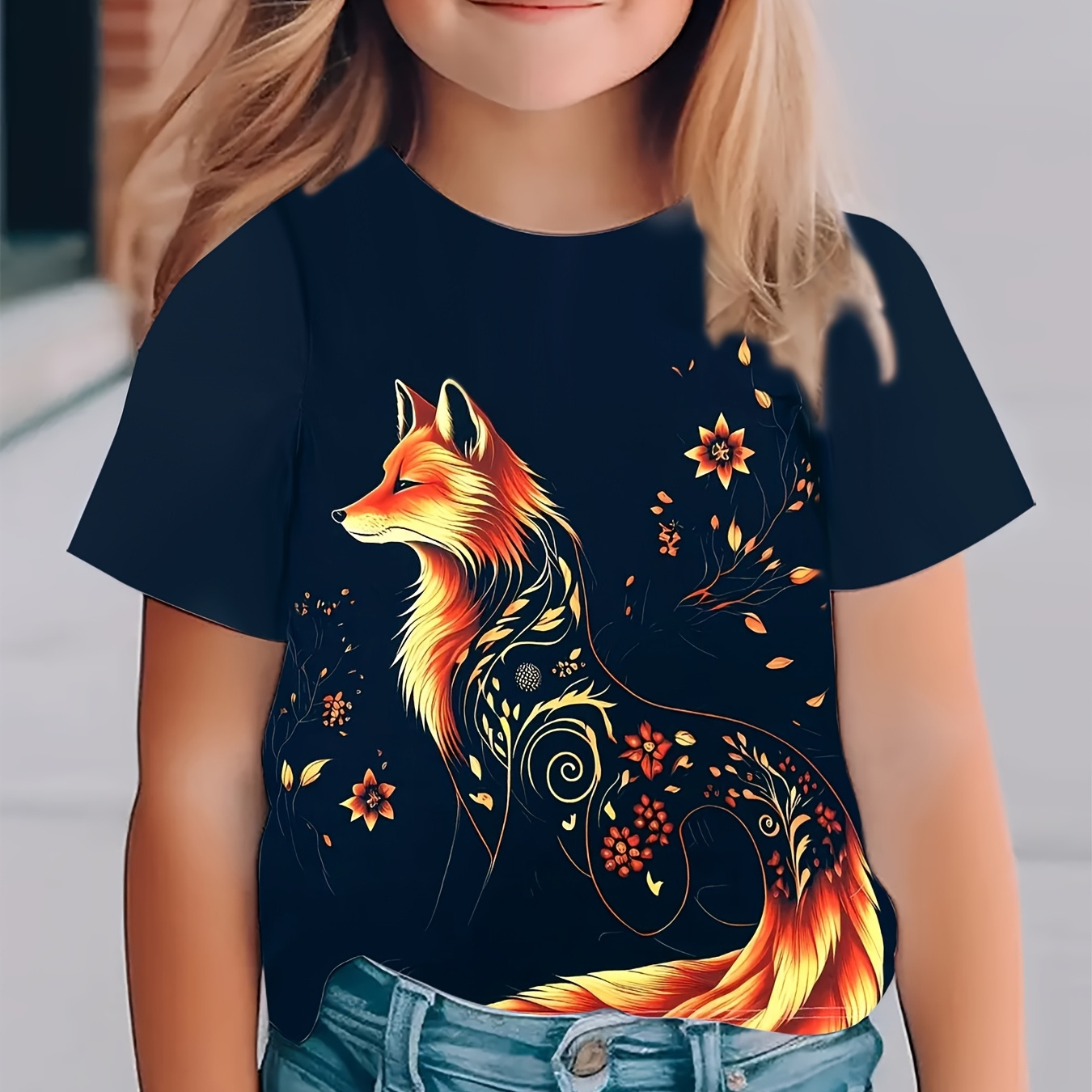 

1pc Summer Casual Crew Neck T-shirt With 3d Fox Print, Print, Slight Stretch Knit Fabric, Loose Fit For Boys And Girls - S189