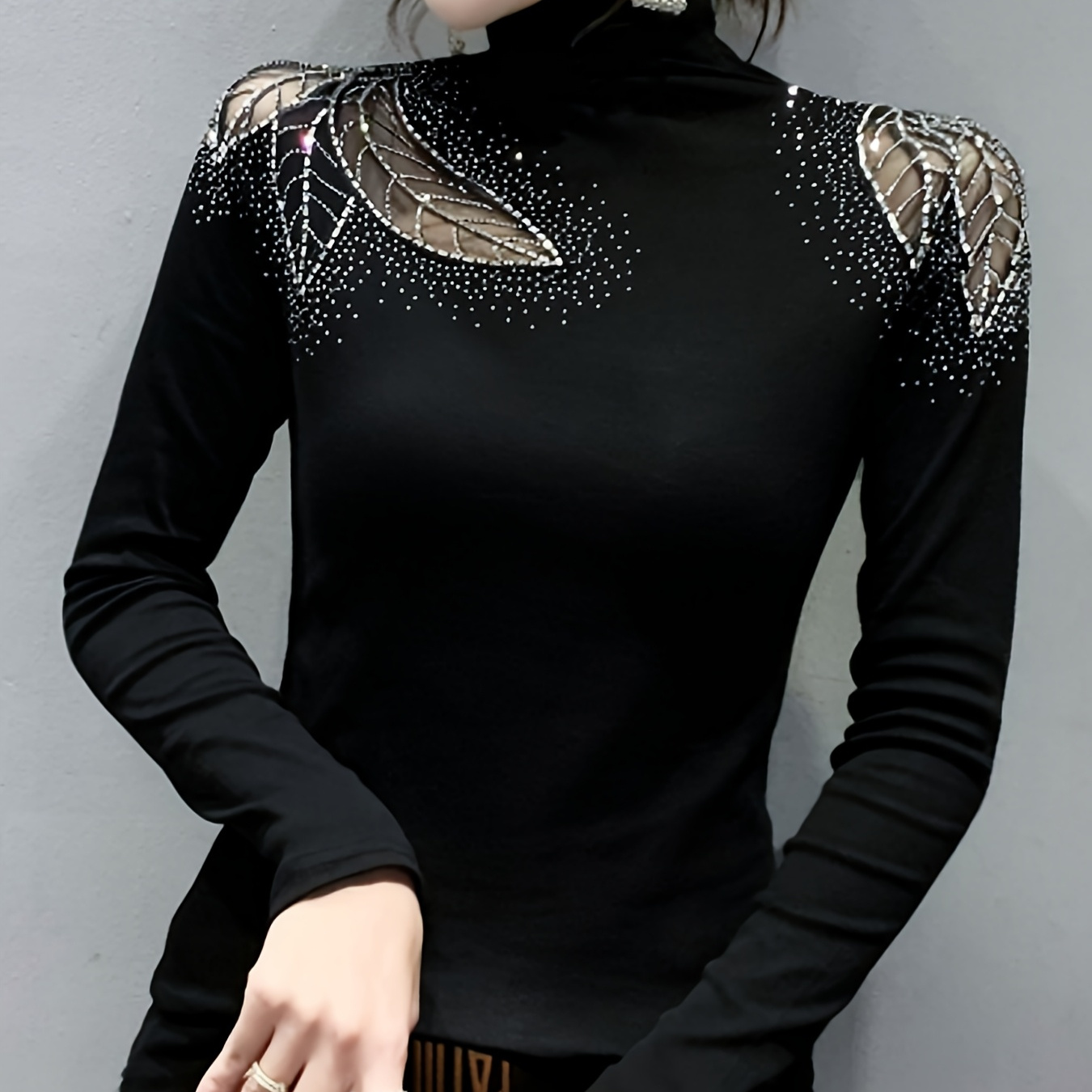 TEMU A Must-have For Fashion! A Solid-colored Turtleneck Long-sleeved Top, With Mesh Splicing And Diamond-studded Shoulder Embellishments. With Its, It Can Showcase Your Personal Charm.
