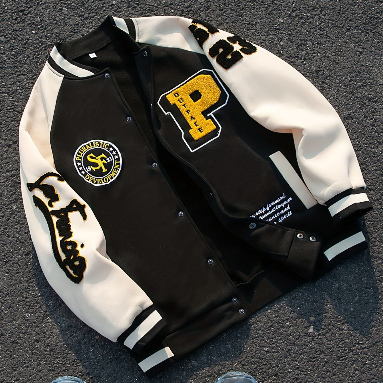 

[customer ] Letter Embroidery Varsity Jacket, Men's Casual Button Up Jacket For School Baseball