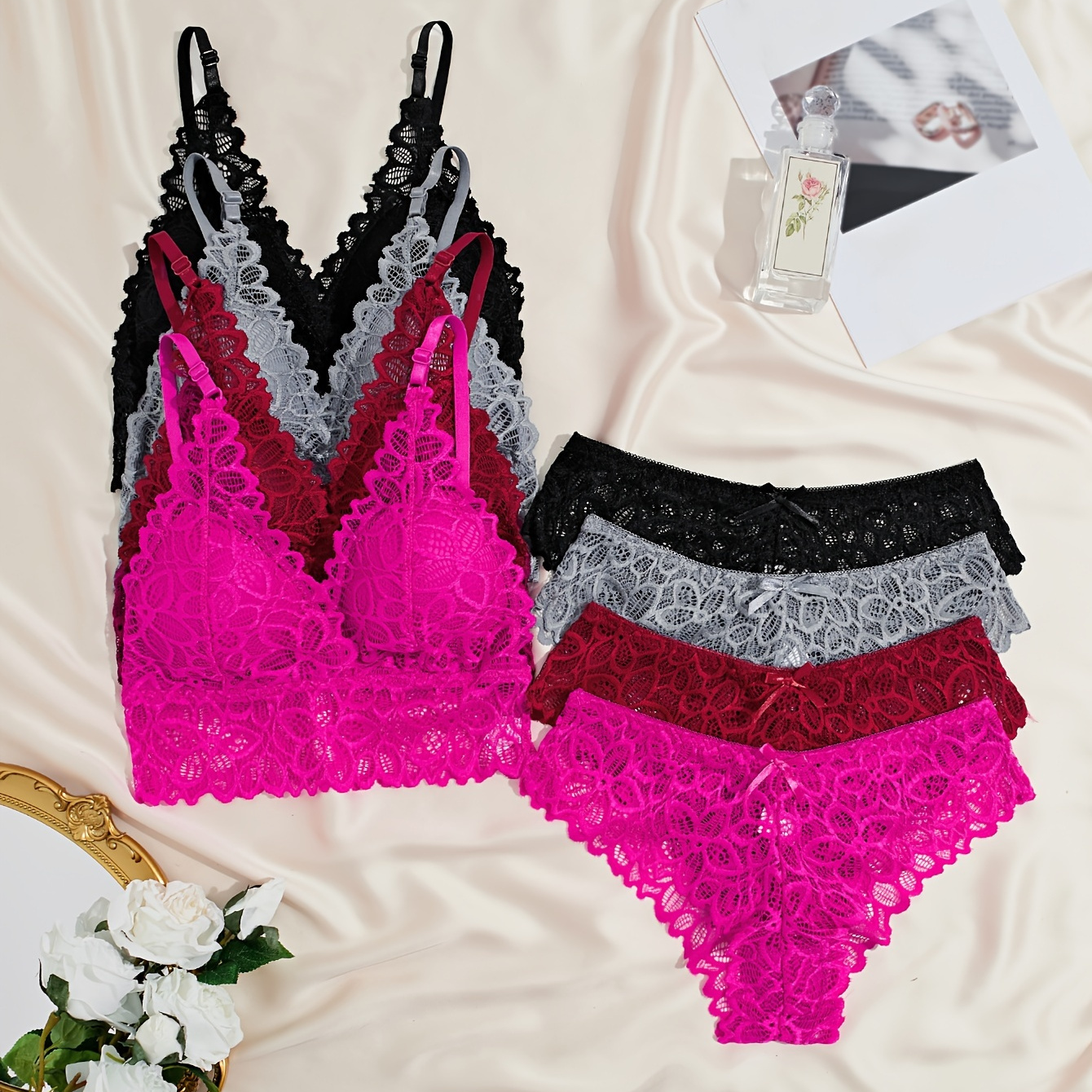 

4 Sets Sexy Lingerie Set, Solid Floral Lace Cami Bra & Panties, Women's Lingerie & Underwear