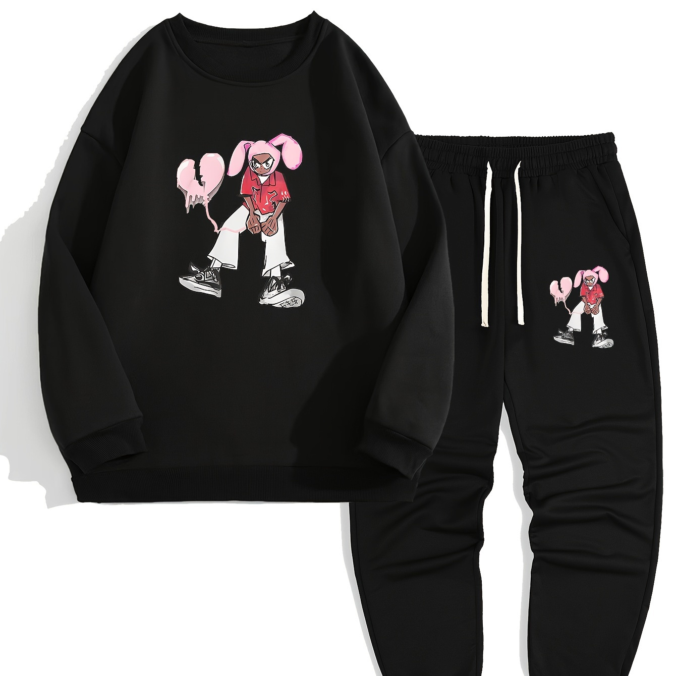 

Cartoon Print, Men's 2pcs, Casual Loose Comfy Sweatshirt And Drawstring Waist Sweatpants Set For Autumn Winter
