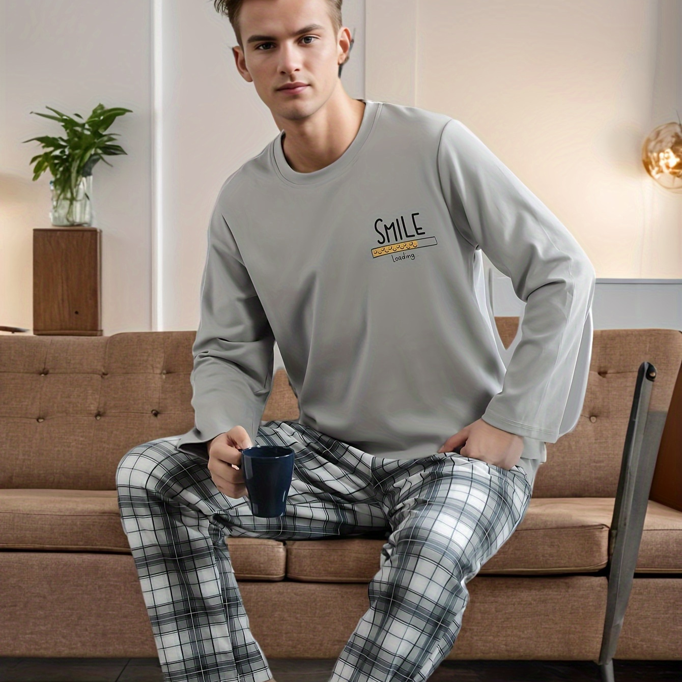 

Pajamas Men' And Autumn Style Two-piece Long Sleeve Trousers Round Neck Pullover Fashion Simple Young Adult Loungewear