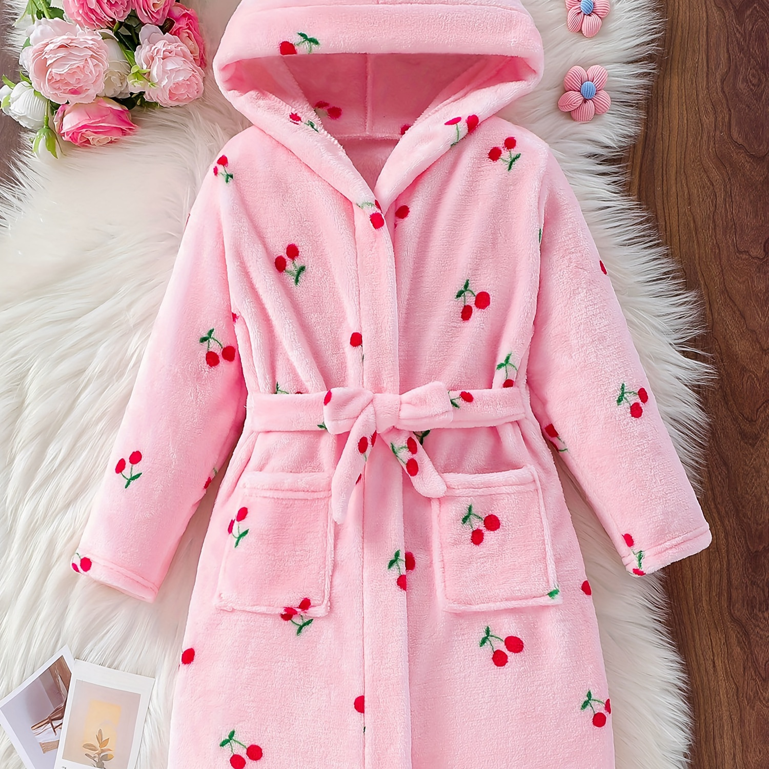 

Girls Robe Soft Warm Hooded Bathrobe With Blet Cherry Pattern For Gift