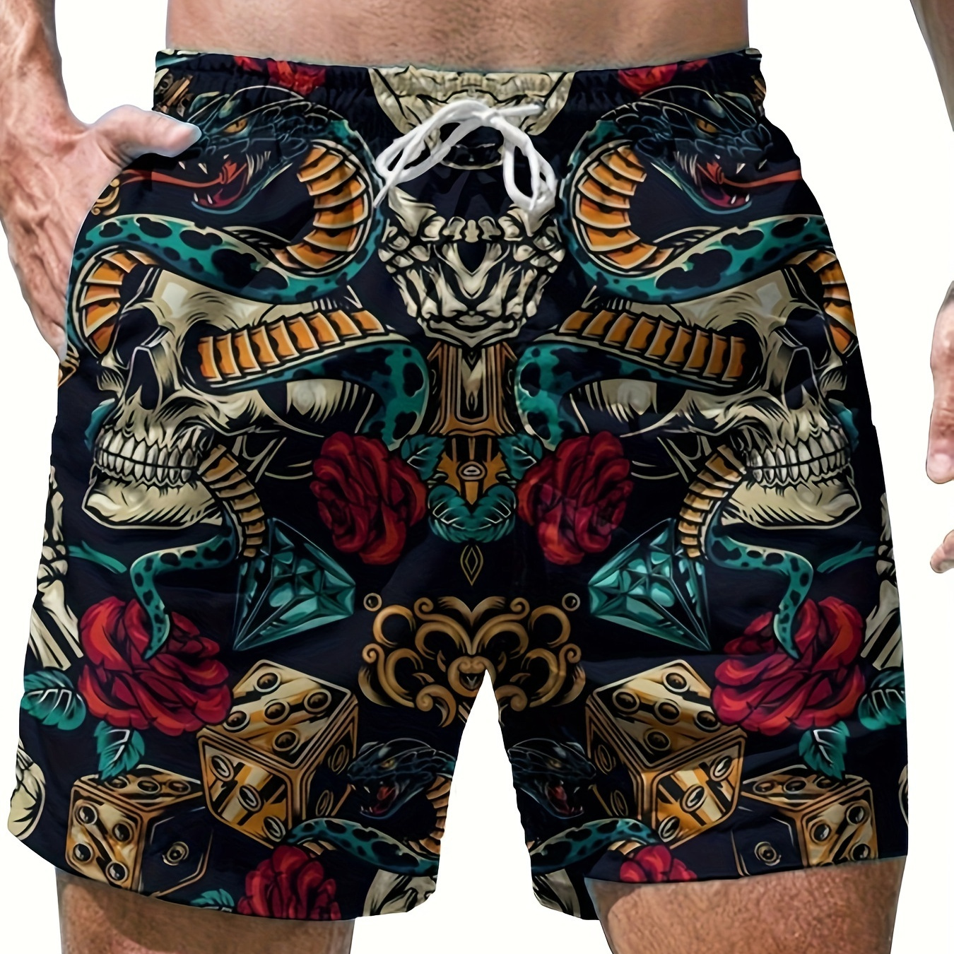 

Men's Skeleton Skull And Snake Pattern Shorts With Drawstring And Pockets, Novel And Stylish Shorts For Summer Street Wear