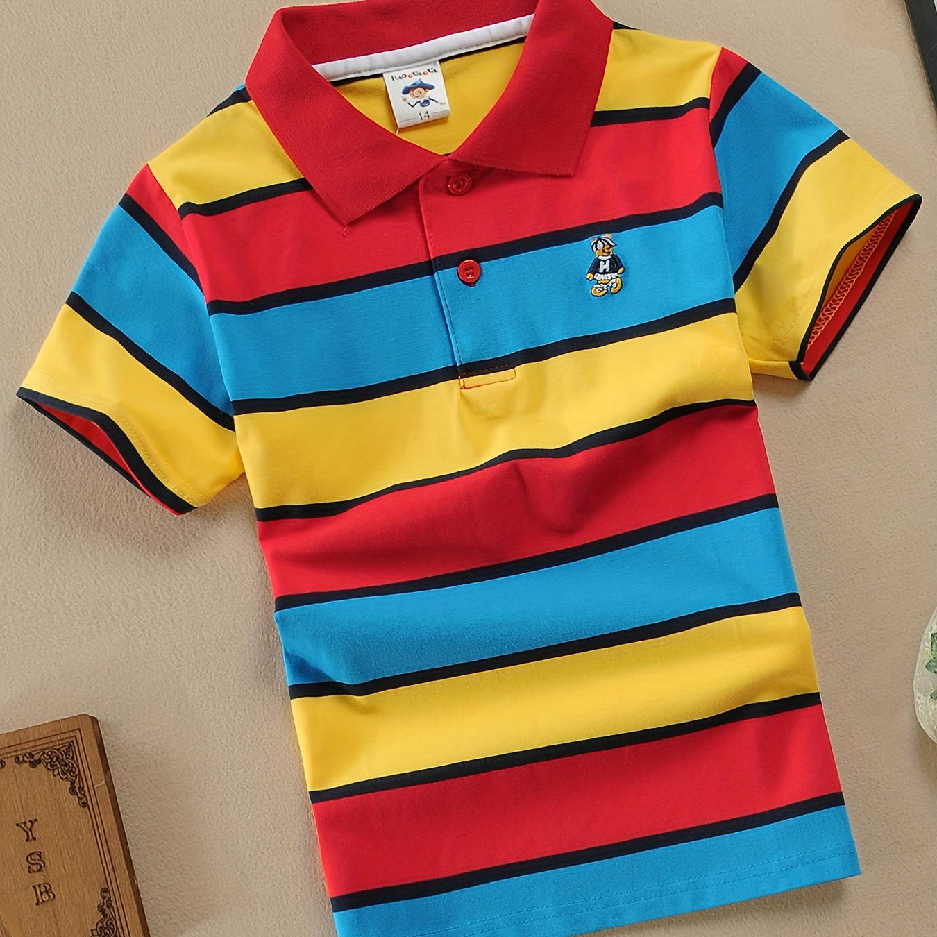

Boys Colorful Striped Embroidery Creative Lightweight Comfy Short Sleeve Golf Tops, Boys Clothes For Summer