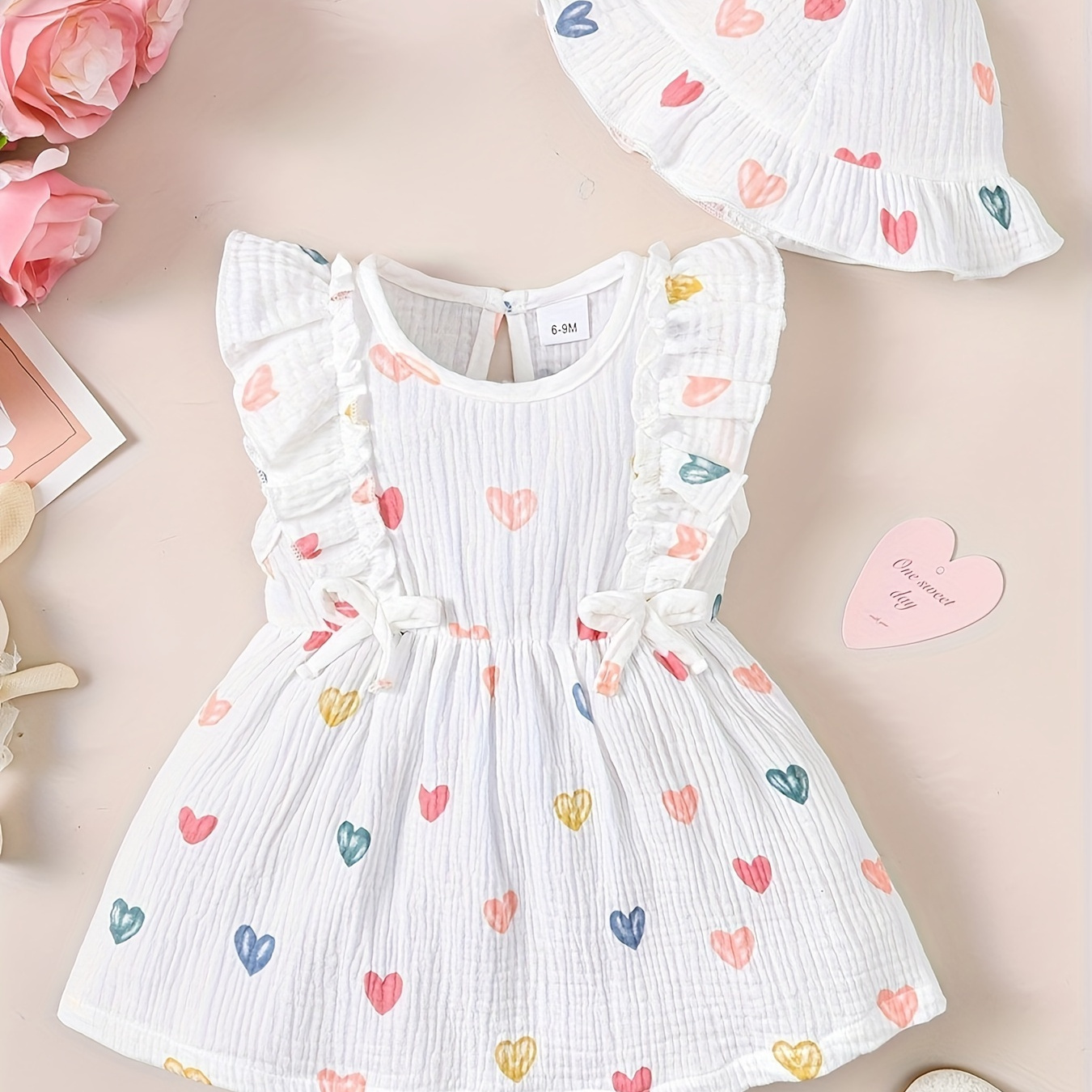 

Baby's Cartoon Colorful Heart Full Print Cotton Muslin Dress & Hat, Ruffle & Bowknot Decor Sleeveless Dress, Infant & Toddler Girl's Clothing For Summer/spring