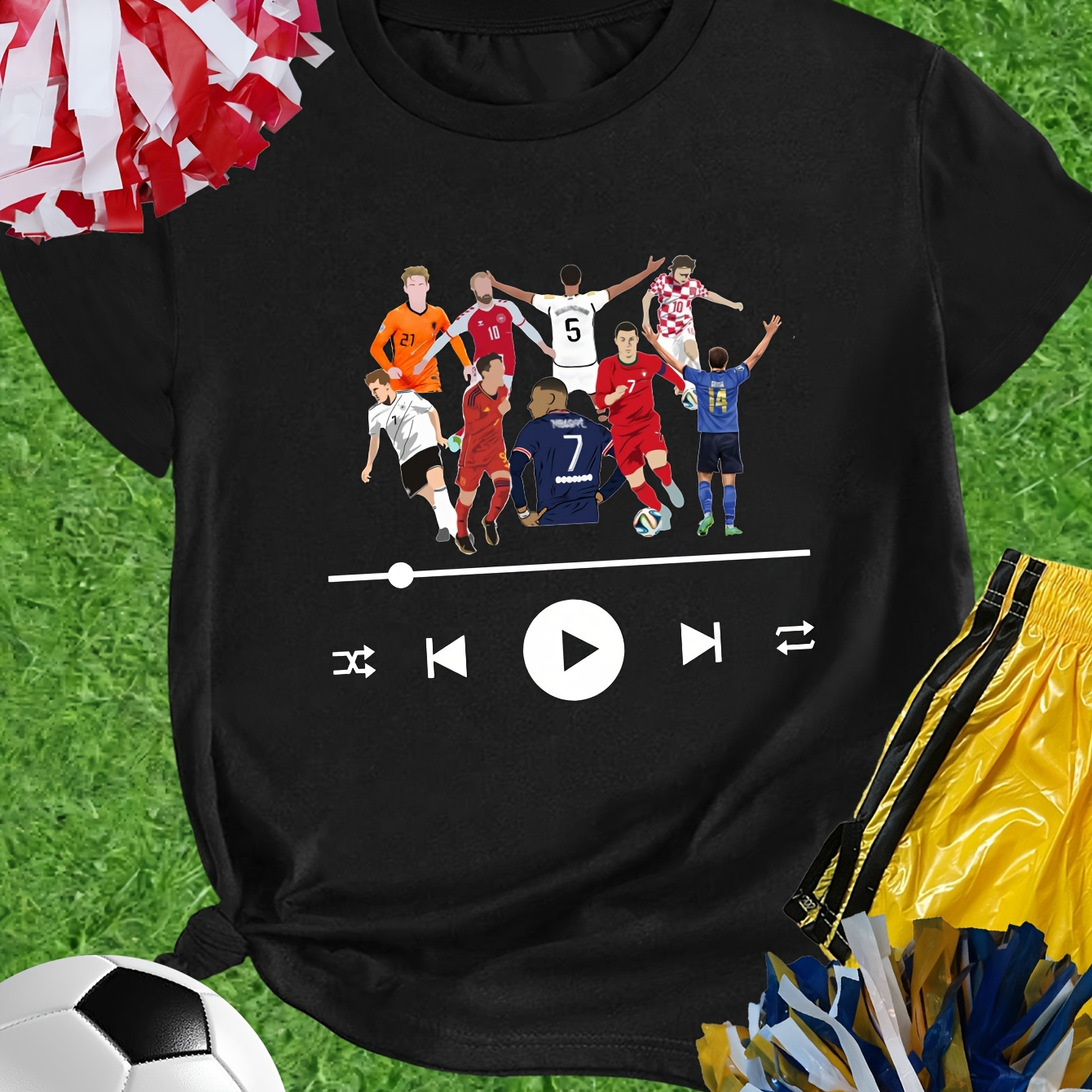 

Soccer Star Music Bar T-shirt, Sports Tee With Play-pause Design, Casual Breathable Shirt For Fans