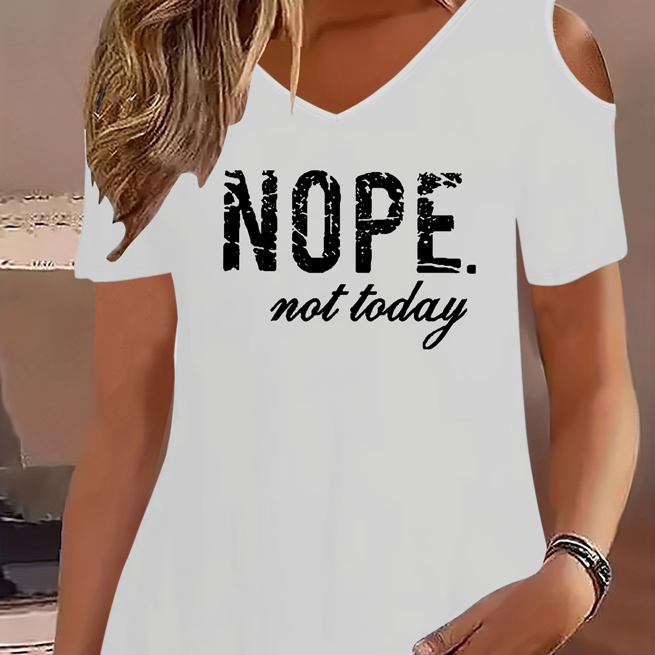 

Nope Not Today Print Cold Shoulder T-shirt, Casual V Neck Short Sleeve Top For Spring & Summer, Women's Clothing