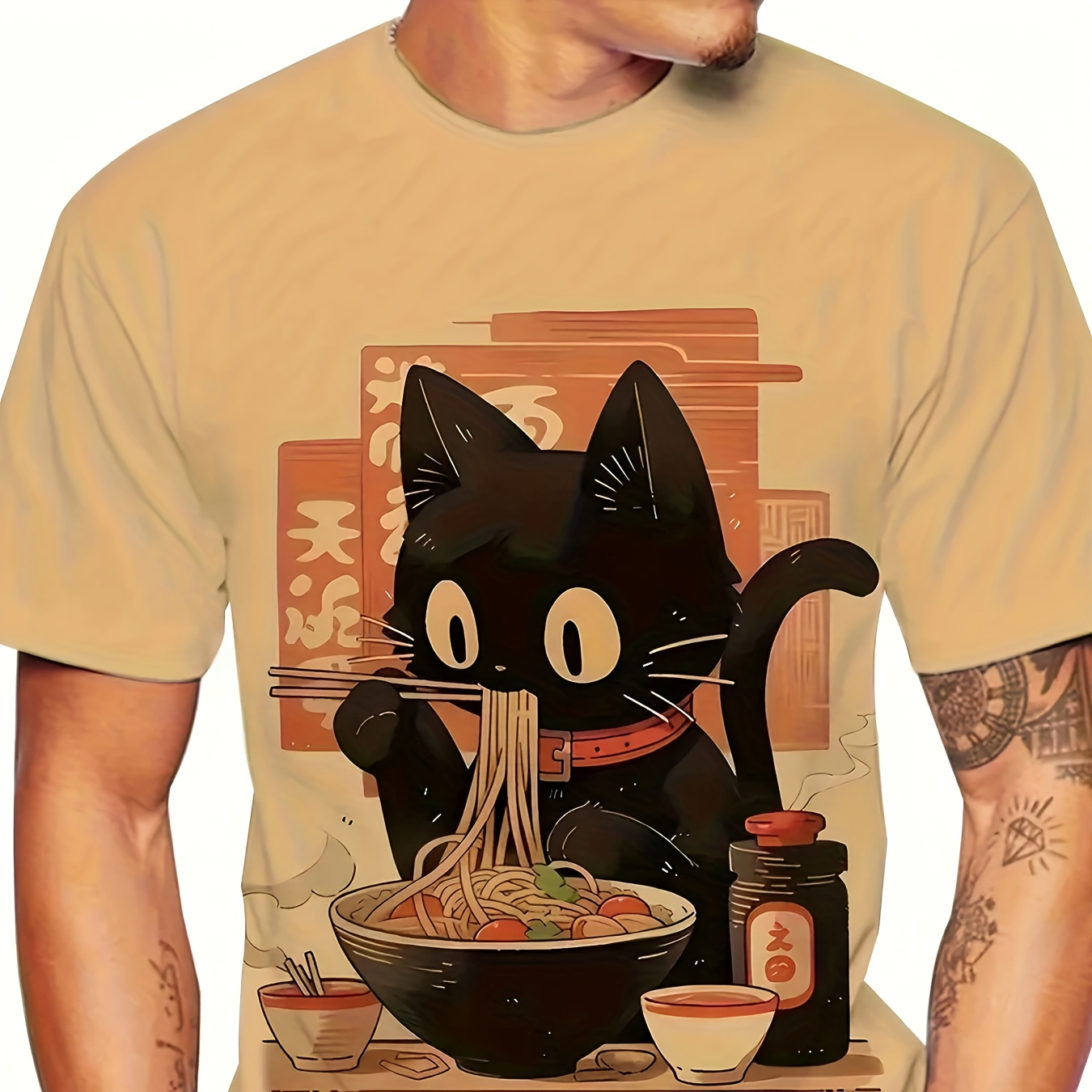 

1pc Men's Casual Crew Neck T-shirt With Cartoon Black Cat Print, Polyester Knit Fabric With Slight Stretch, Regular Fit Short Sleeve Tee For And Vacation - Ideal Gift