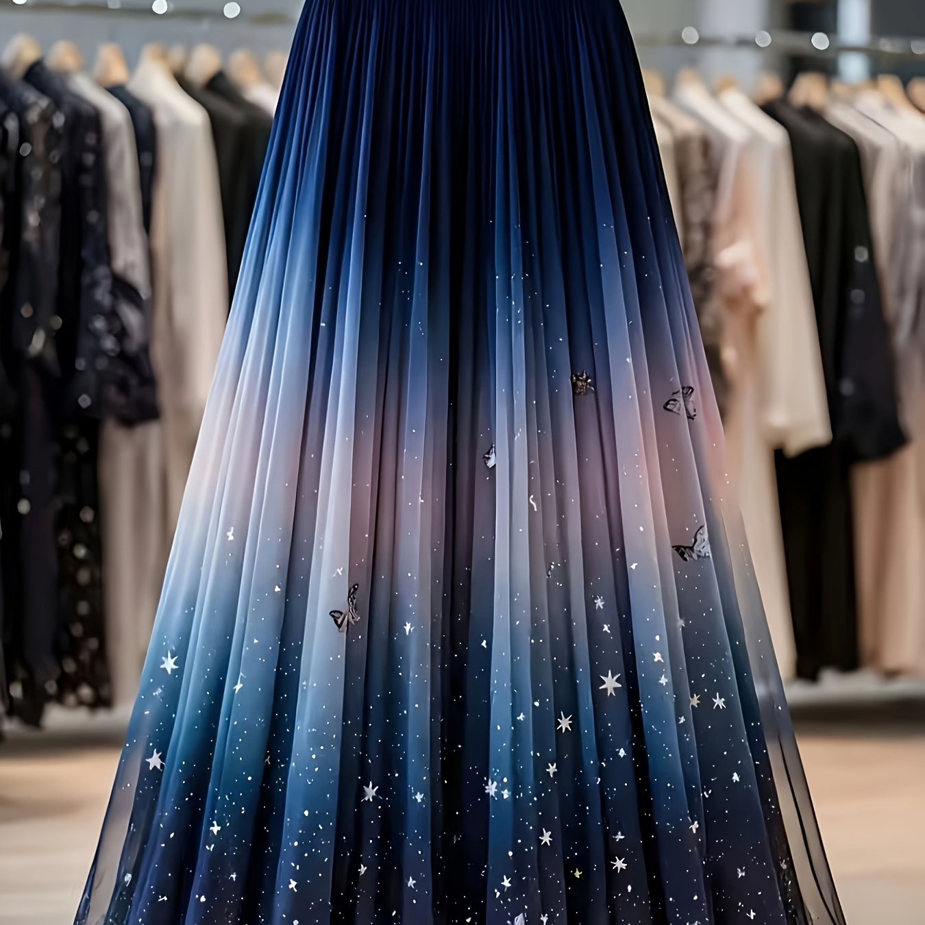 Blue Ombre Starry Pleated Maxi Skirt