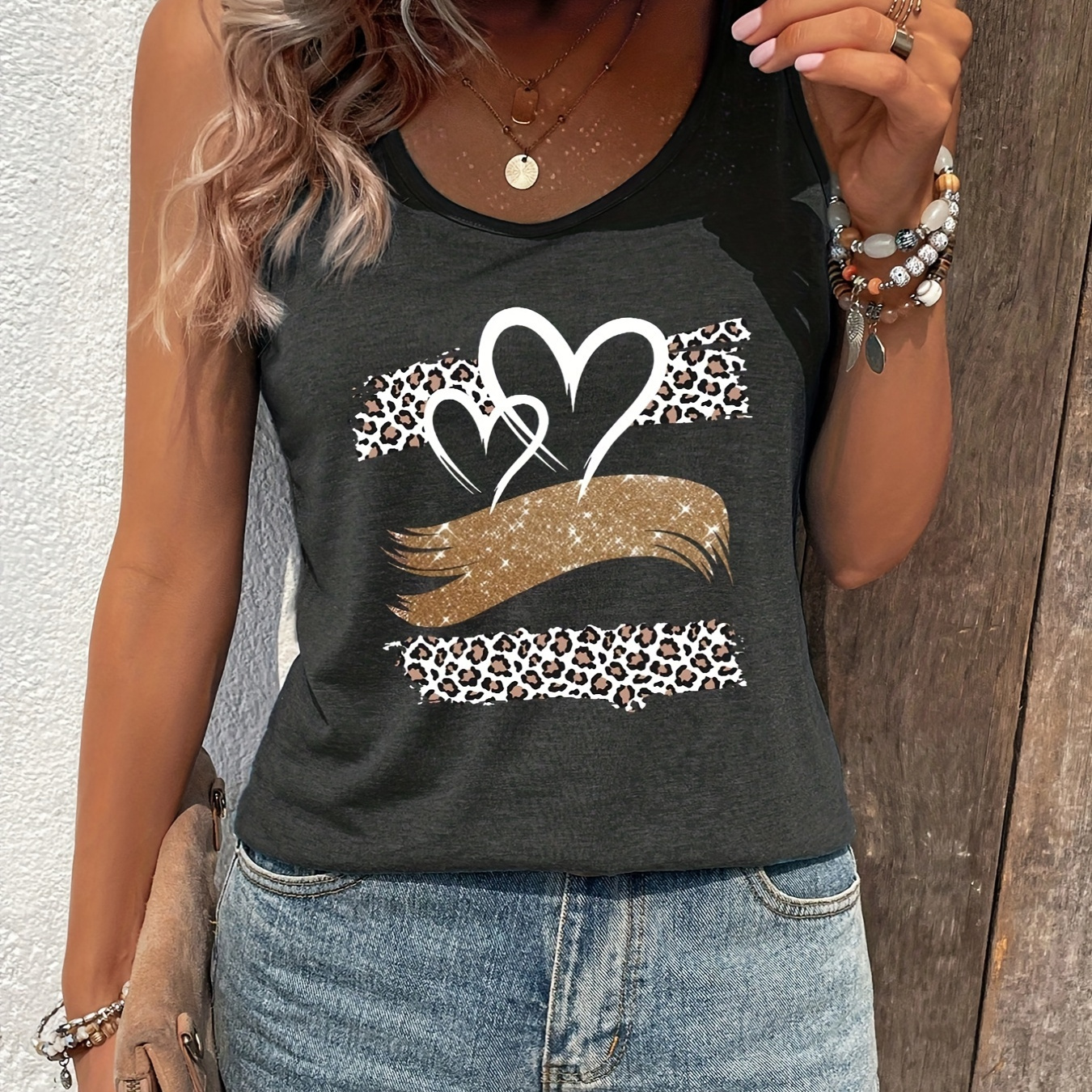 

Heart & Leopard Print Tank Top, Casual Sleeveless Tank Top For Summer, Women's Clothing