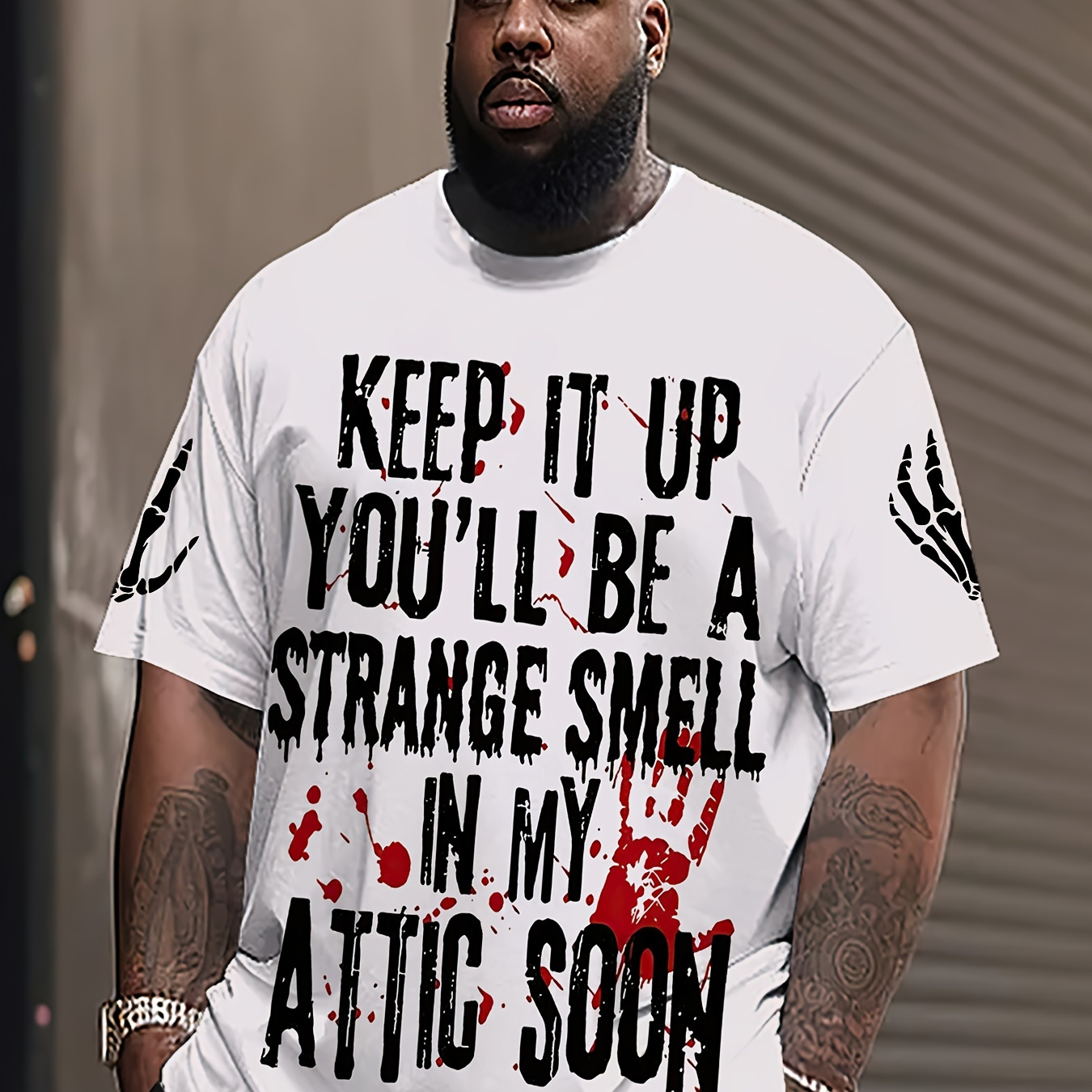 

Men's Plus Size Casual Sports T-shirt, " Up, You'll Be Strange In My Attic " Print, Short Sleeve Tee, Polyester, Round Neck, Stretch Knit Fabric, Hxmrby Brand