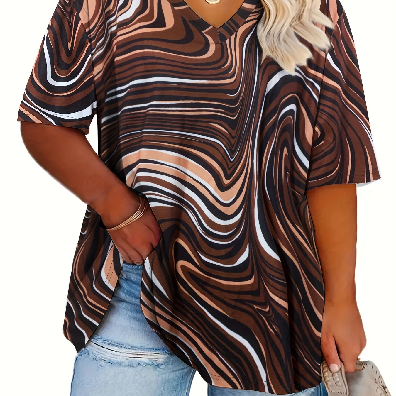 

Plus Size Abstract Print T-shirt, Casual V Neck Short Sleeve T-shirt, Women's Plus Size clothing