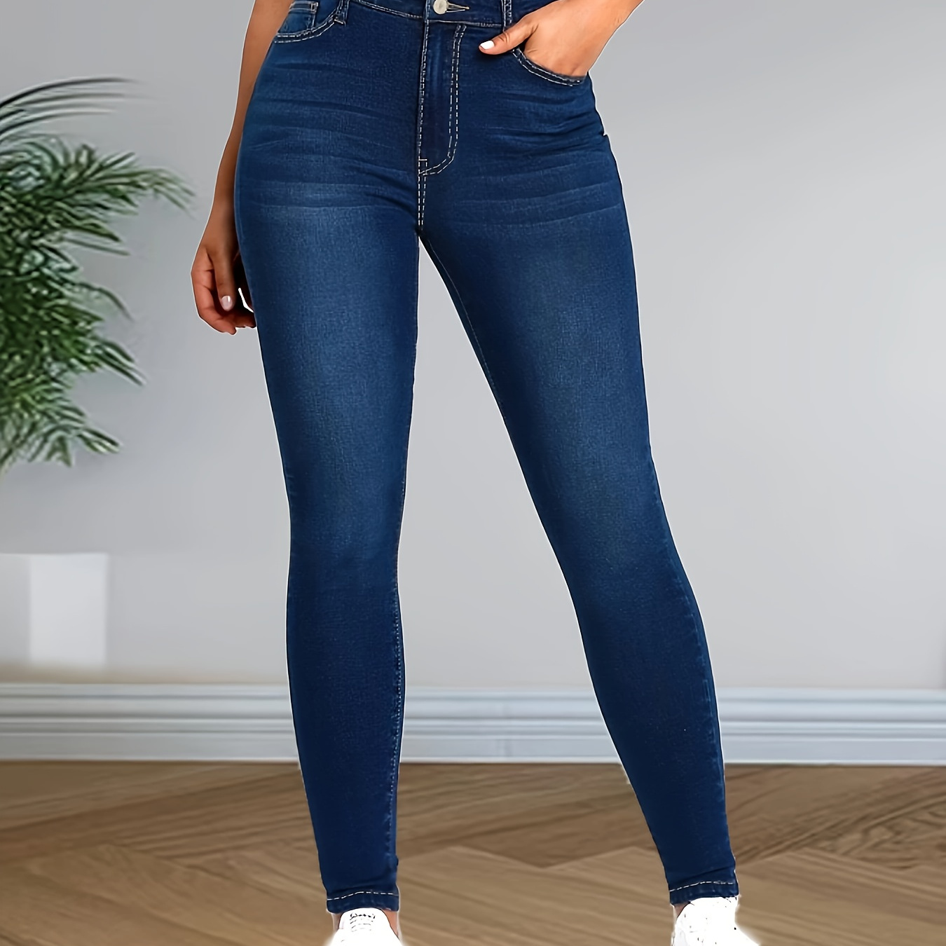 

Women's High-waisted Stretch Jeans, Cotton Polyester , Elegant Design, Spandex For Comfort, Machine Washable, Long Length, Four-season Wear