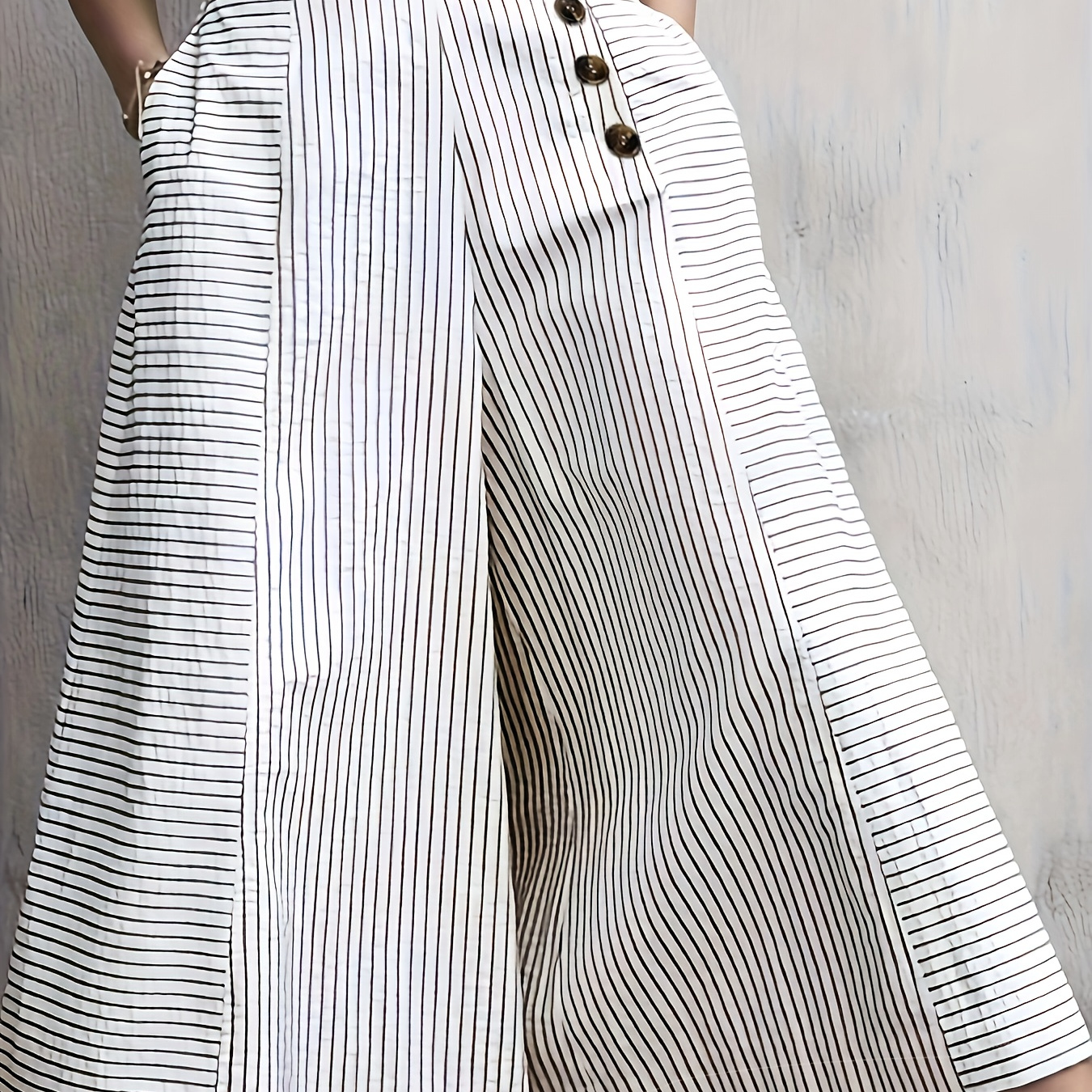 

Women's Casual Striped Wide-leg Pants - High-waisted, Button Detail, Lightweight Polyester, Machine Washable - Spring/summer