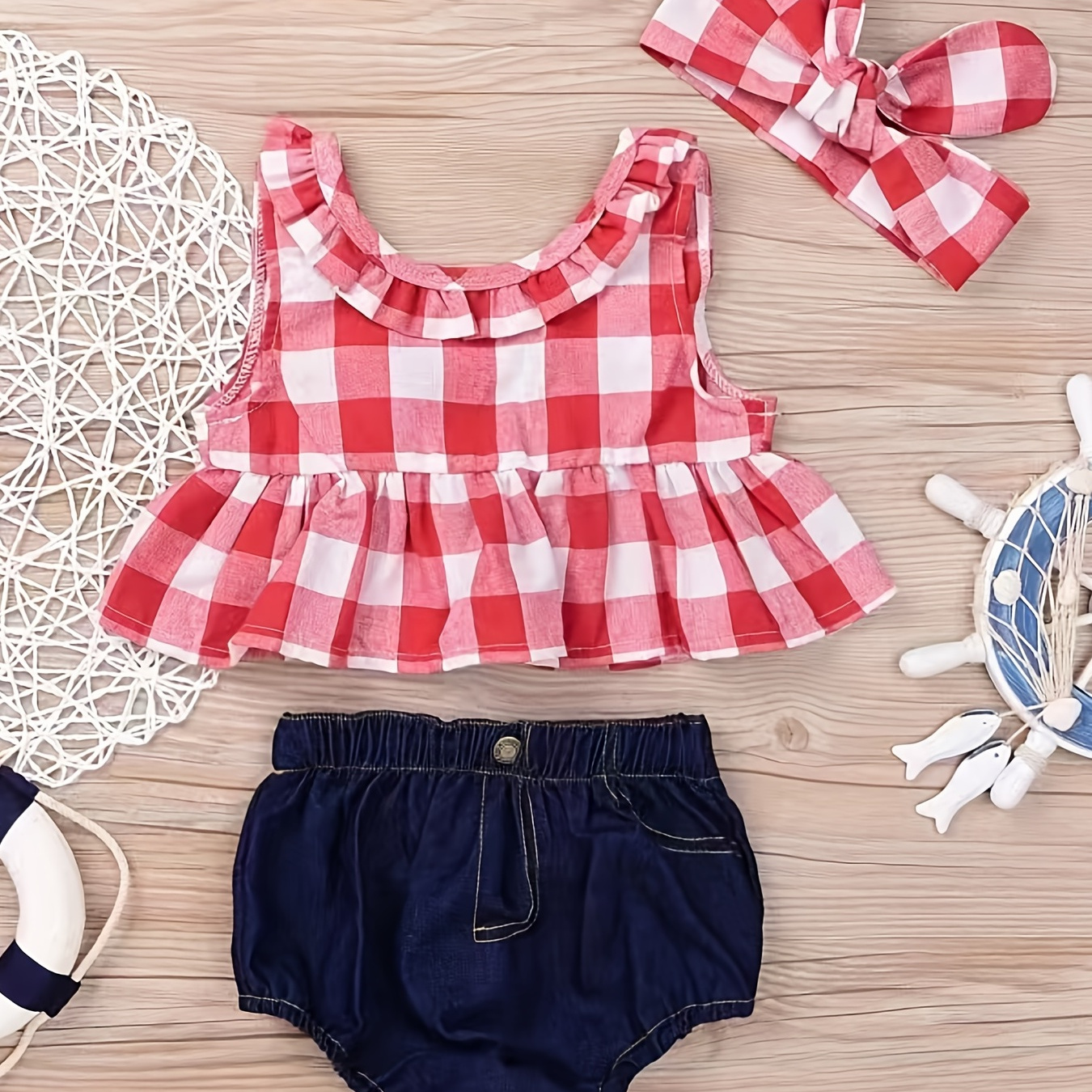 

3pcs Baby Girls Plaid Ruffle Hem Tank Top & Denim Shorts & Headband Set Clothes