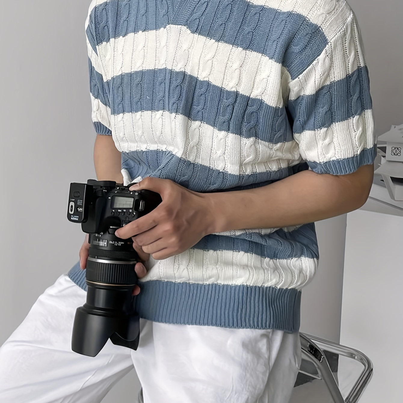 

Men's Blue White Stripe Color Block Short Sleeve V Neck Lapel Shirt For Summer Daily