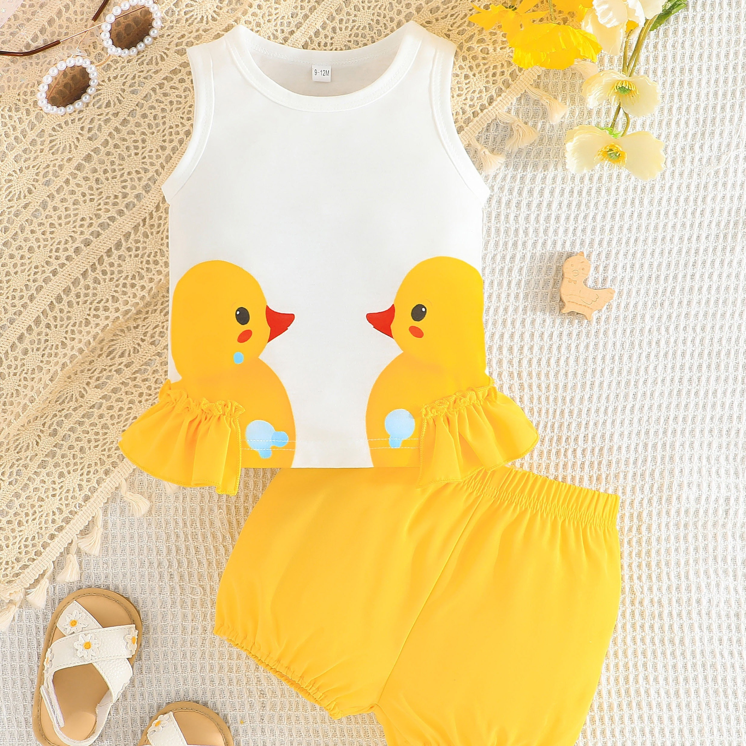 

Baby's Cartoon Duck Print 2pcs Casual Summer Outfit, Ruffle Decor Tank Top & Shorts Set, Toddler & Infant Girl's Clothes For Daily/holiday, As Gift