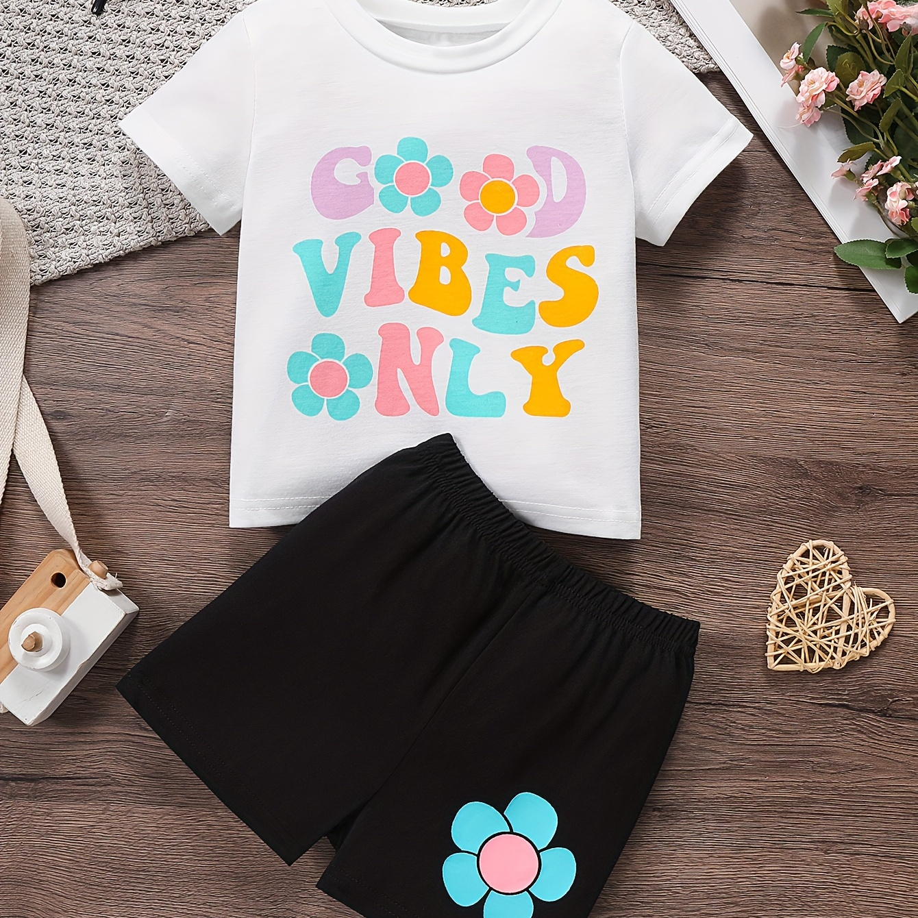 

Baby's "good " Print 2pcs Outfit, T-shirt & Flower Pattern Shorts Set, Toddler & Infant Girl's Clothes For Daily/holiday/party