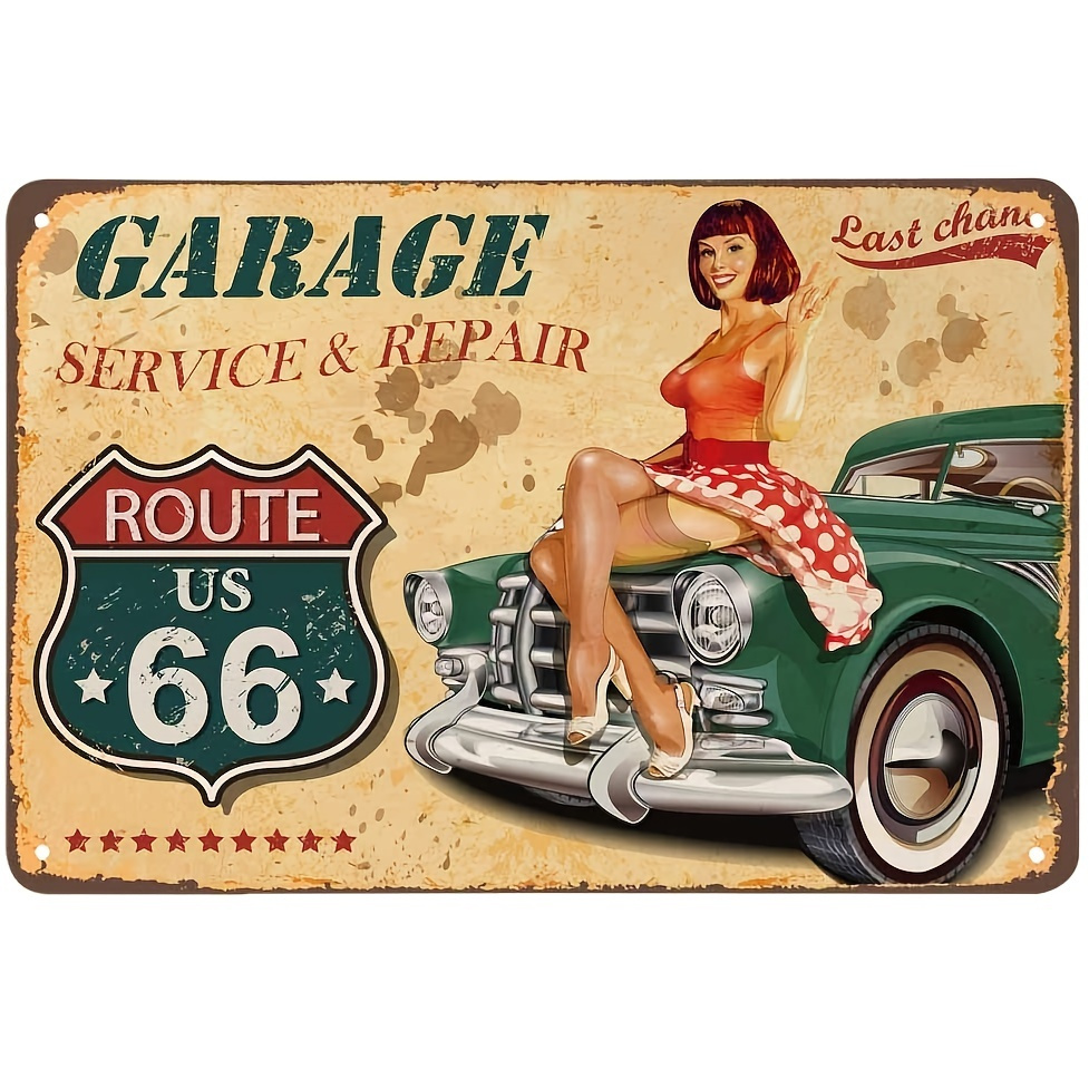 1pc Pin Up Girl Tin Sign Route 66 Garage Service Repairs Women Sit On The Green Car Vintage 9012