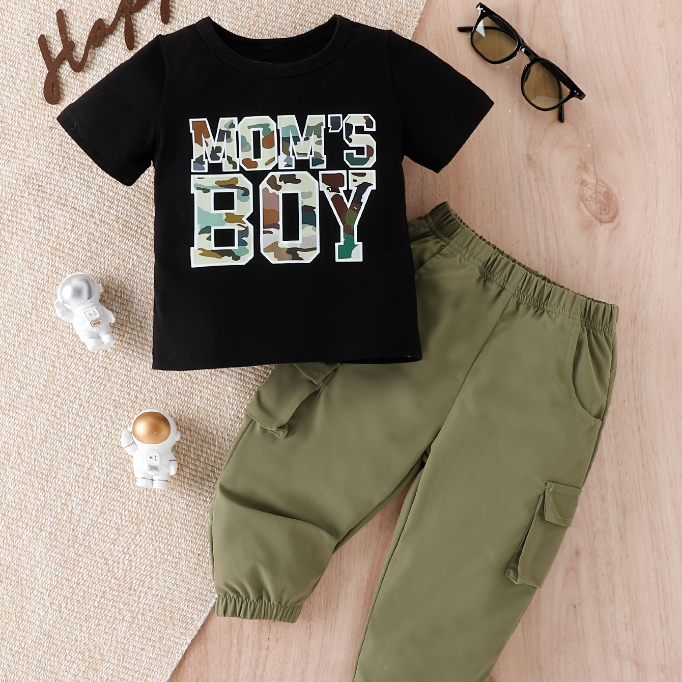 

2pcs Infant & Toddler's "mom's Boy" Print Summer Set, T-shirt & Cargo Pants, Baby Boy's Clothes