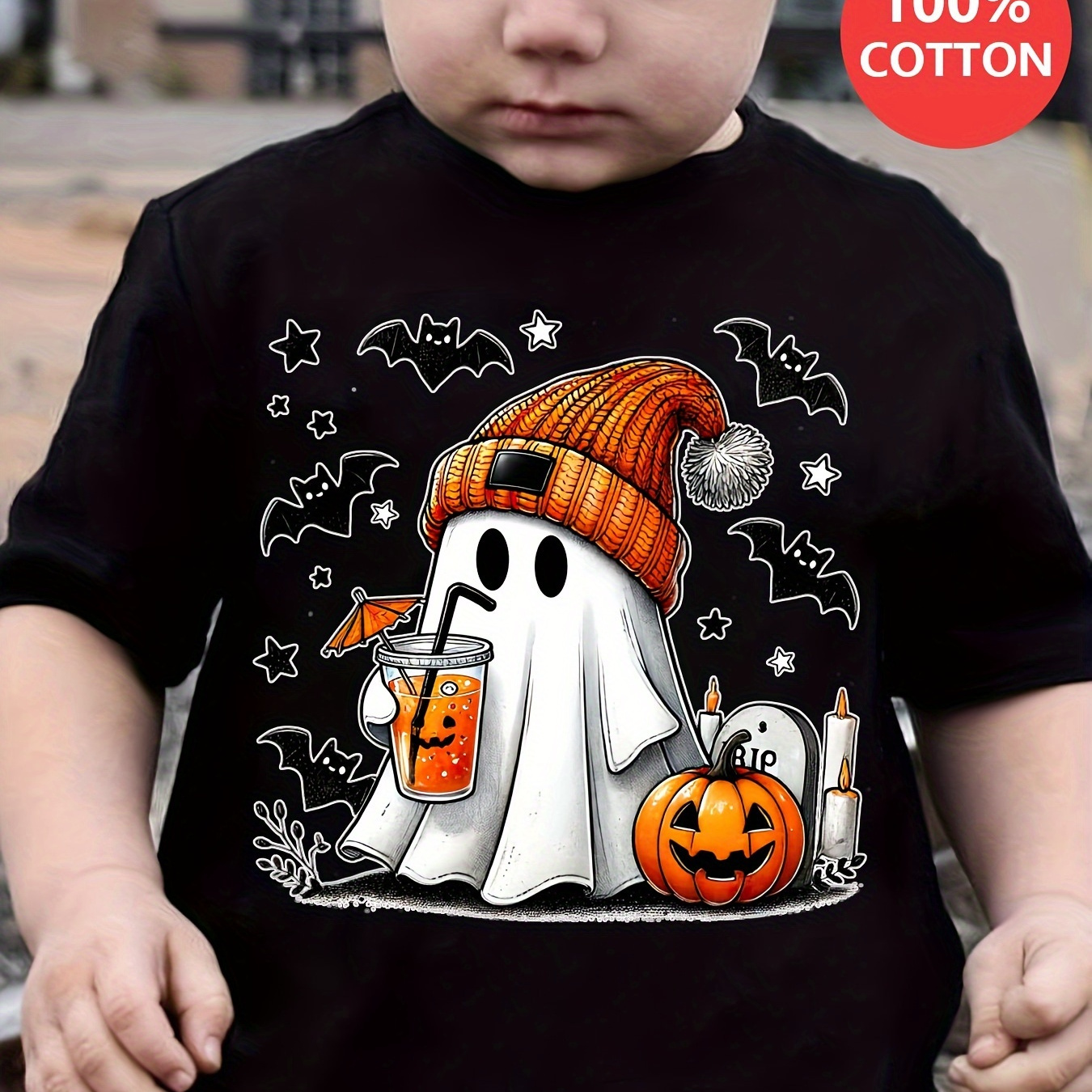 

T-shirt en coton avec imprimé fantôme de dessin animé pour garçons, style , 100 % coton, décontracté et confortable.