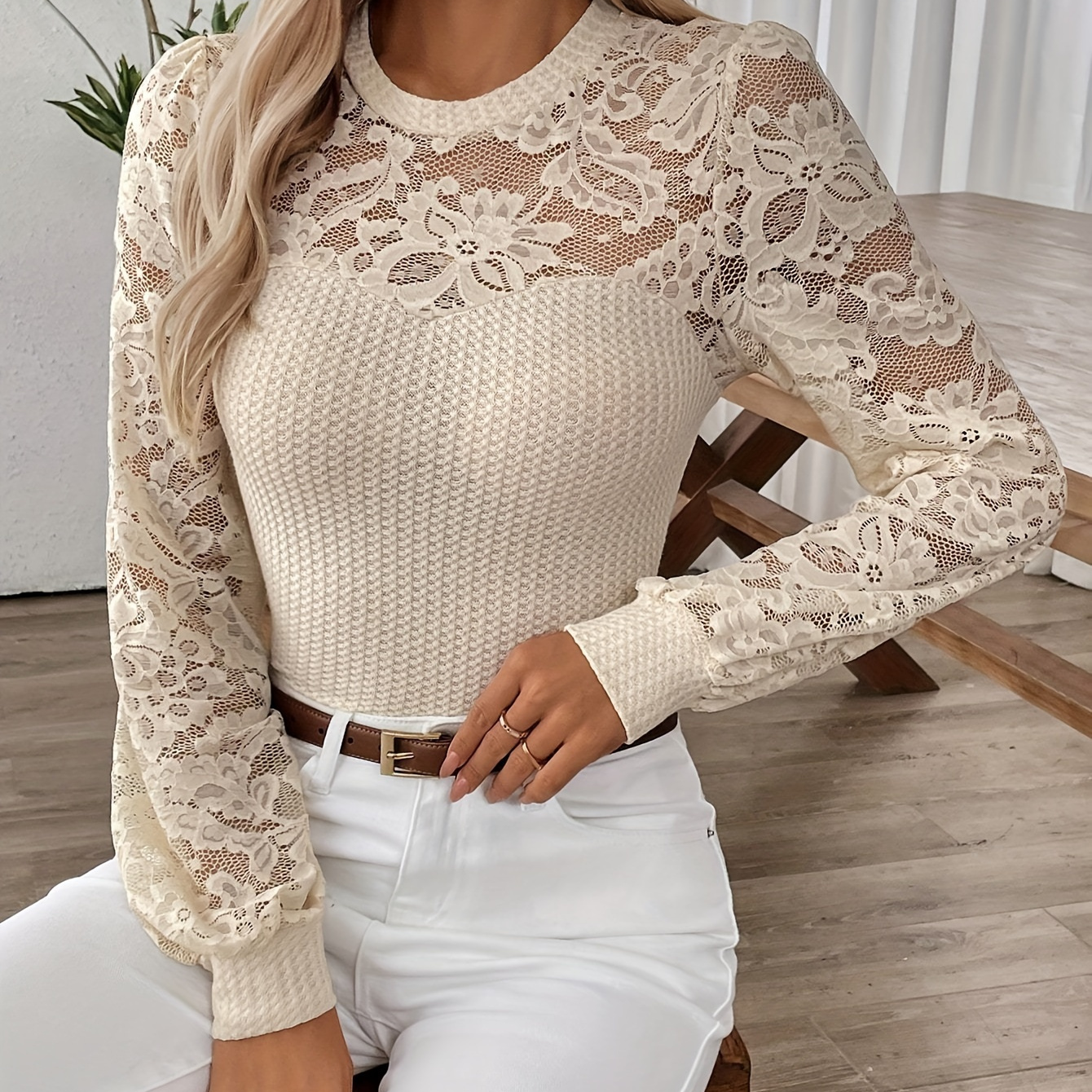 

Elegant Lace-trimmed T-shirt For Women - Breathable Polyester , Semi-sheer, Crew Neck, Long Sleeve - Spring & Fall, Dp101721, Elegant, Lace, T-shirt