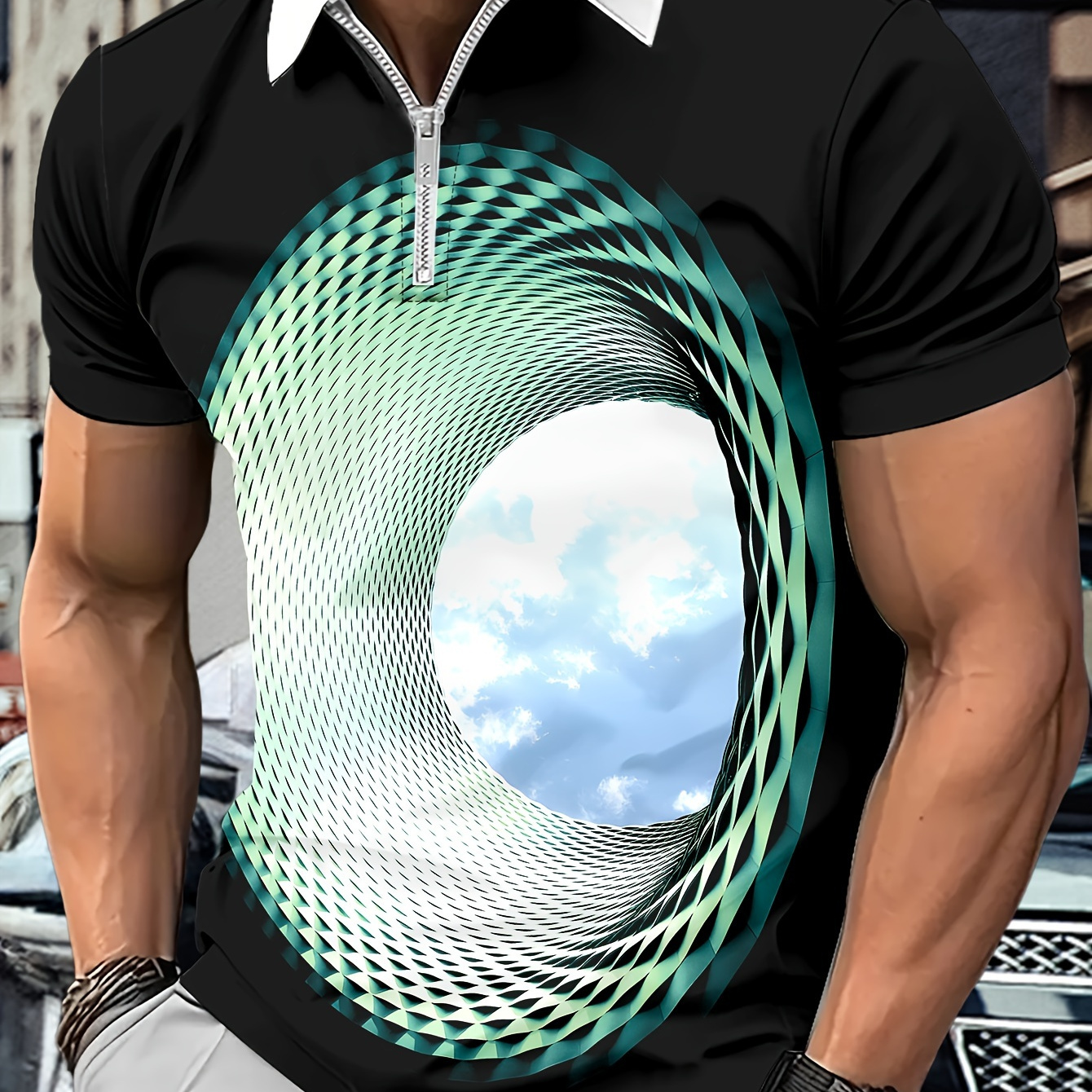

Men's Trendy Black Bottom Sky Round Hollow Print Short Sleeve Zip Up Lapel Shirt For Summer Daily, Stylish Zipper Collar Design T-shirt
