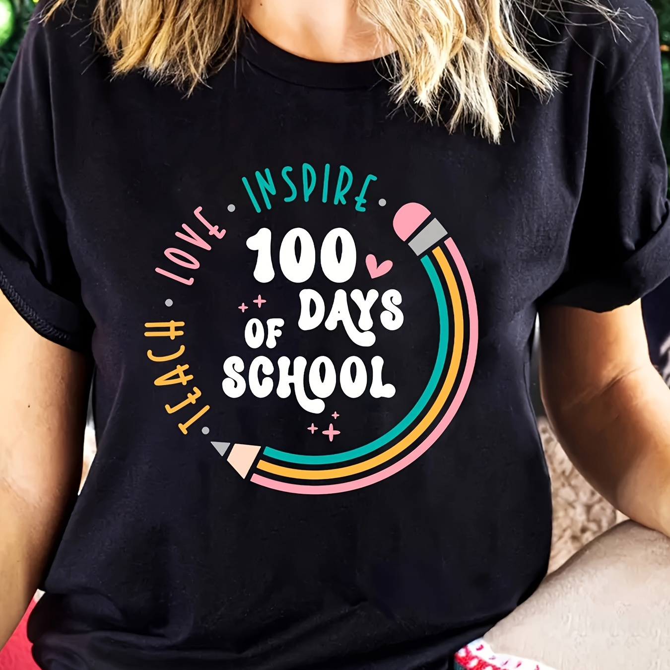 

Days Of School Celebration T-shirt - Cute Short Sleeve, Crew Neck, Women's With Fun Letter Print, Machine Washable