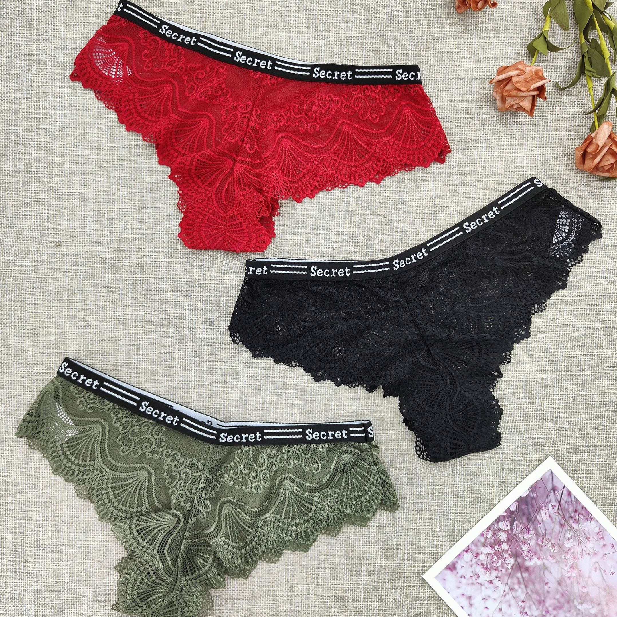 

3pcs Floral Lace Panties, Sexy Letter Tape Intimates Panties, Women's Lingerie & Underwear