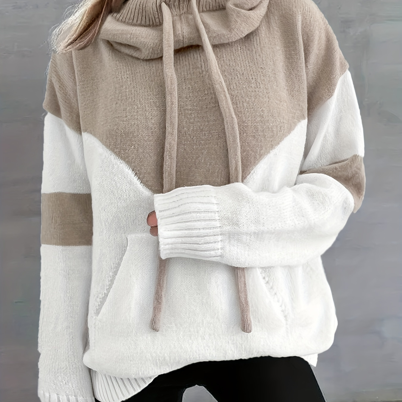 

Color Block Drawstring Hooded Sweater, Casual Long Sleeve Pullover Sweater With Pocket, Women's Clothing